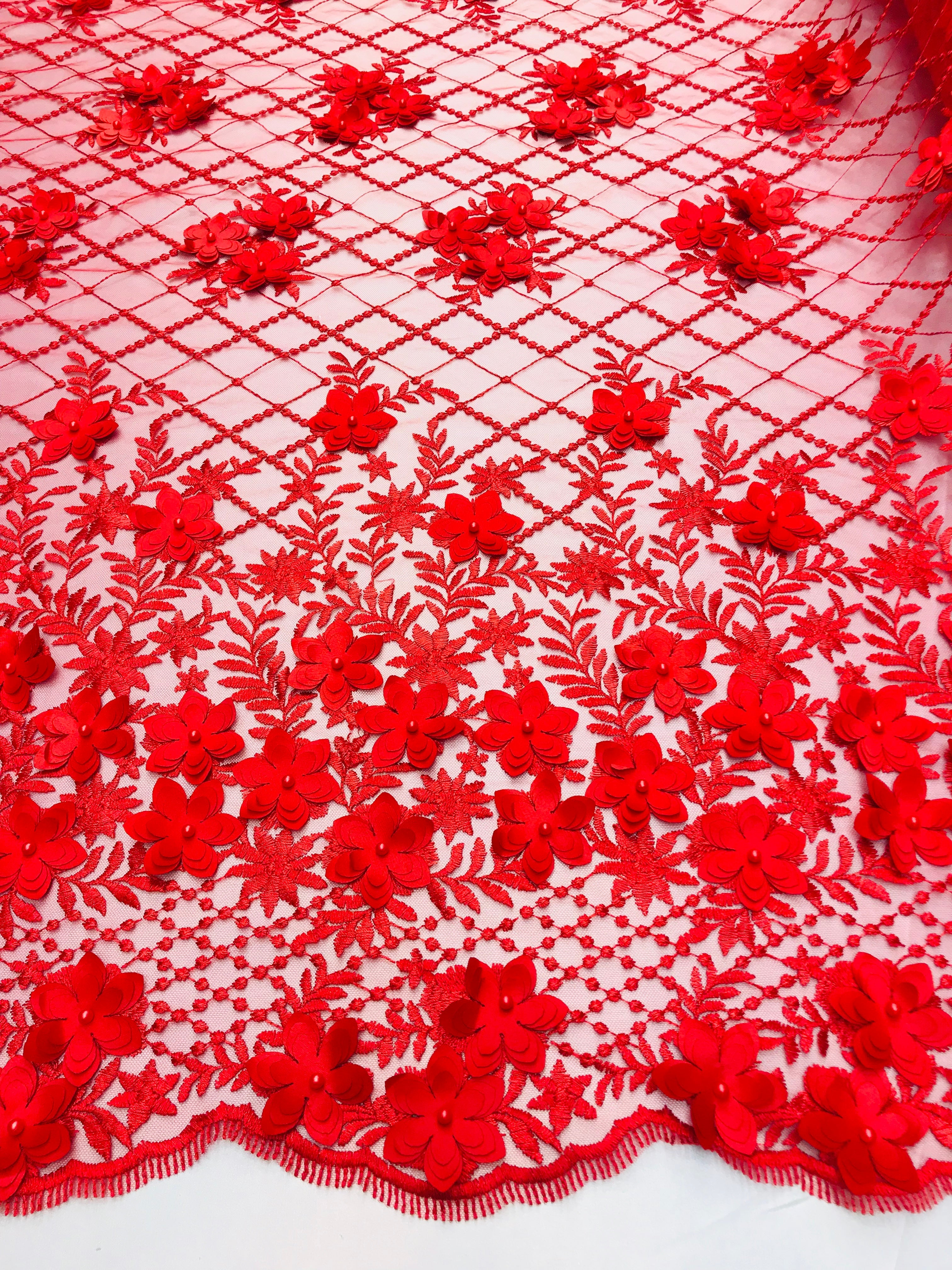 3D Floral Design - Red - Embroidered 3D Flowers on Triangle Net Mesh Sold By The Yard