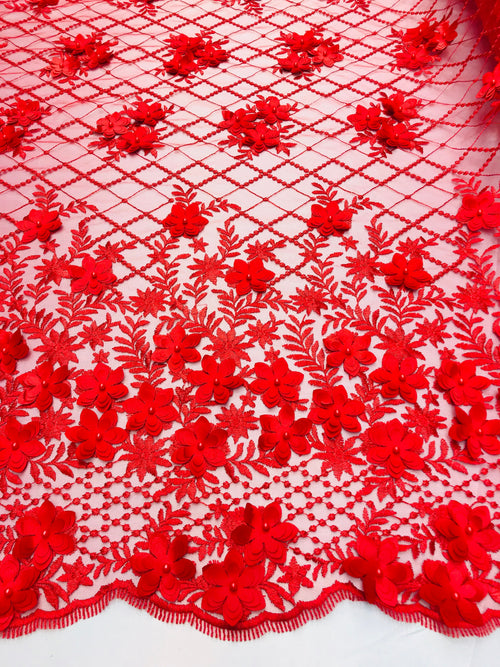 3D Floral Design - Red - Embroidered 3D Flowers on Triangle Net Mesh Sold By The Yard