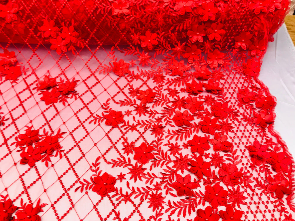 3D Floral Design - Red - Embroidered 3D Flowers on Triangle Net Mesh Sold By The Yard