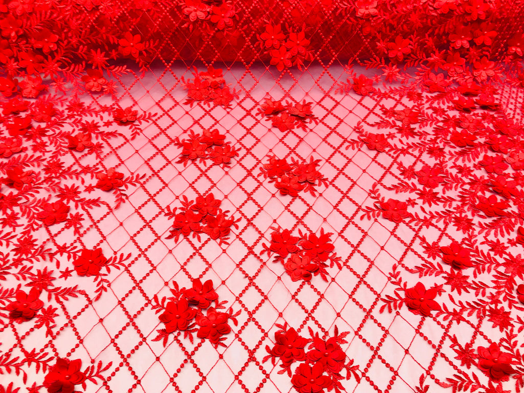 3D Floral Design - Red - Embroidered 3D Flowers on Triangle Net Mesh Sold By The Yard
