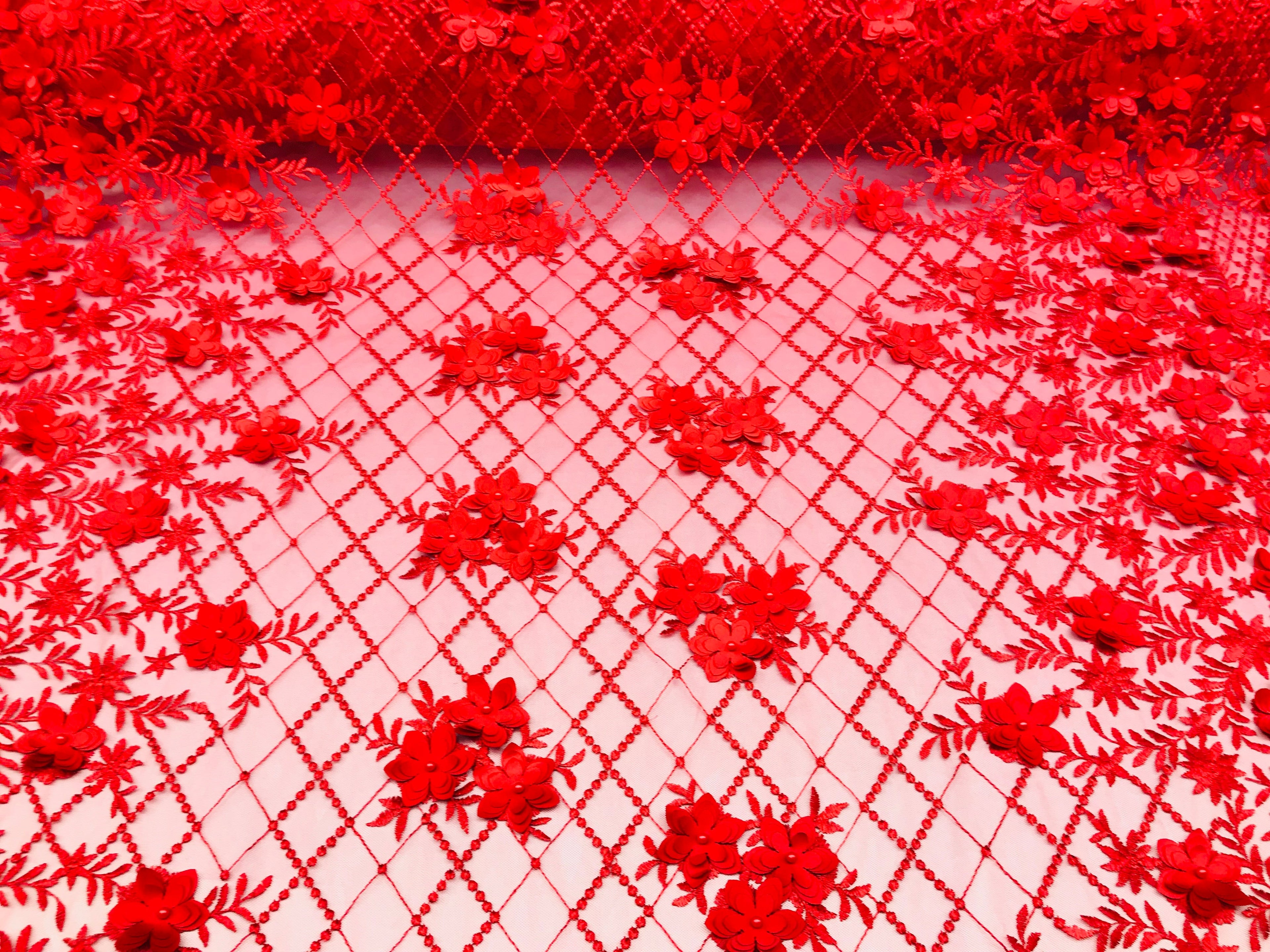 3D Floral Design - Red - Embroidered 3D Flowers on Triangle Net Mesh Sold By The Yard