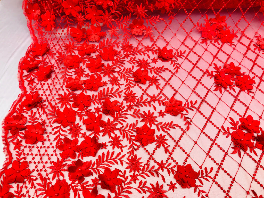 3D Floral Design - Red - Embroidered 3D Flowers on Triangle Net Mesh Sold By The Yard