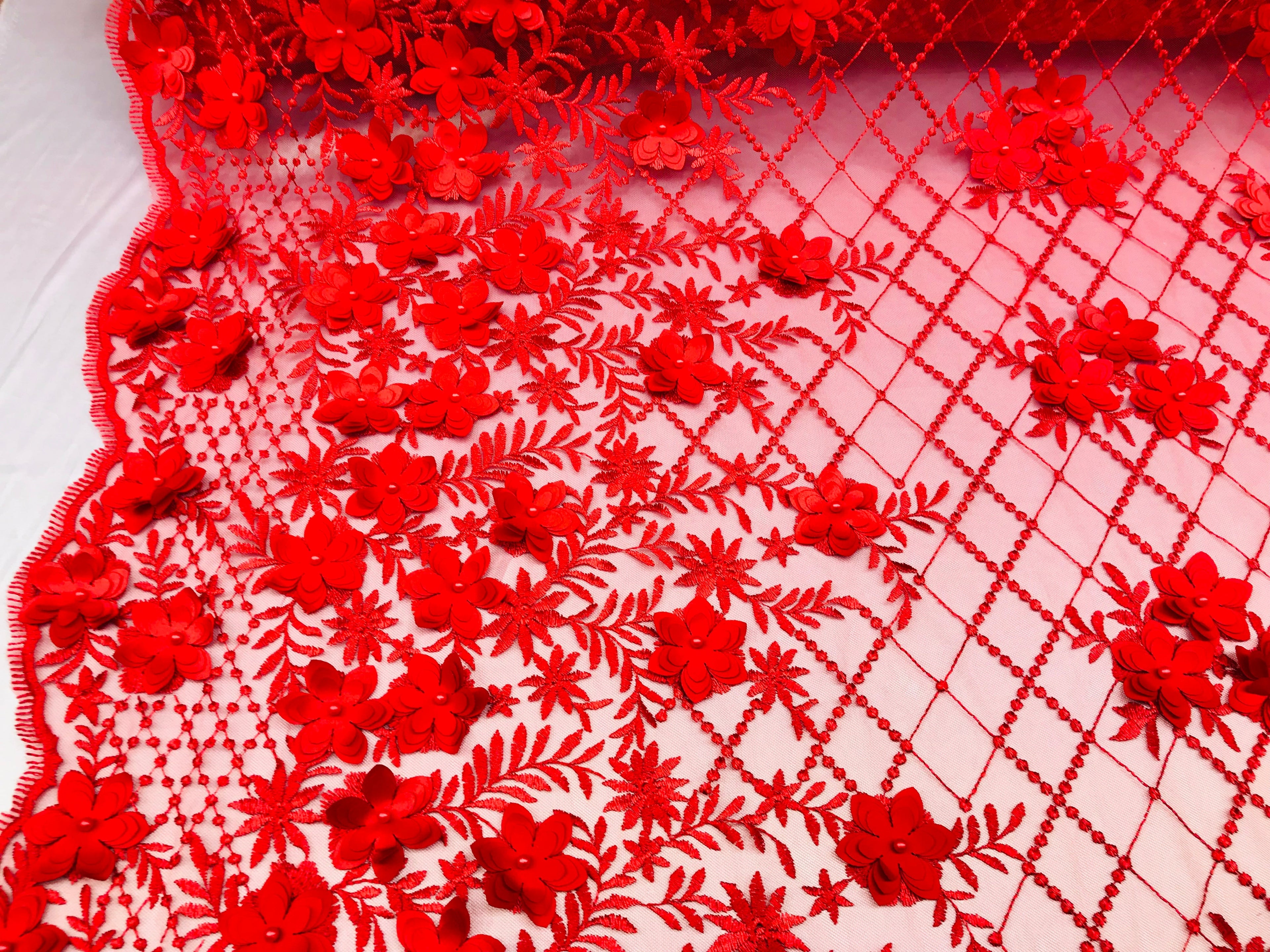 3D Floral Design - Red - Embroidered 3D Flowers on Triangle Net Mesh Sold By The Yard