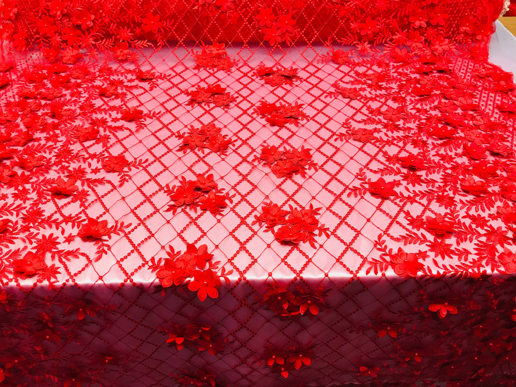3D Floral Design - Red - Embroidered 3D Flowers on Triangle Net Mesh Sold By The Yard