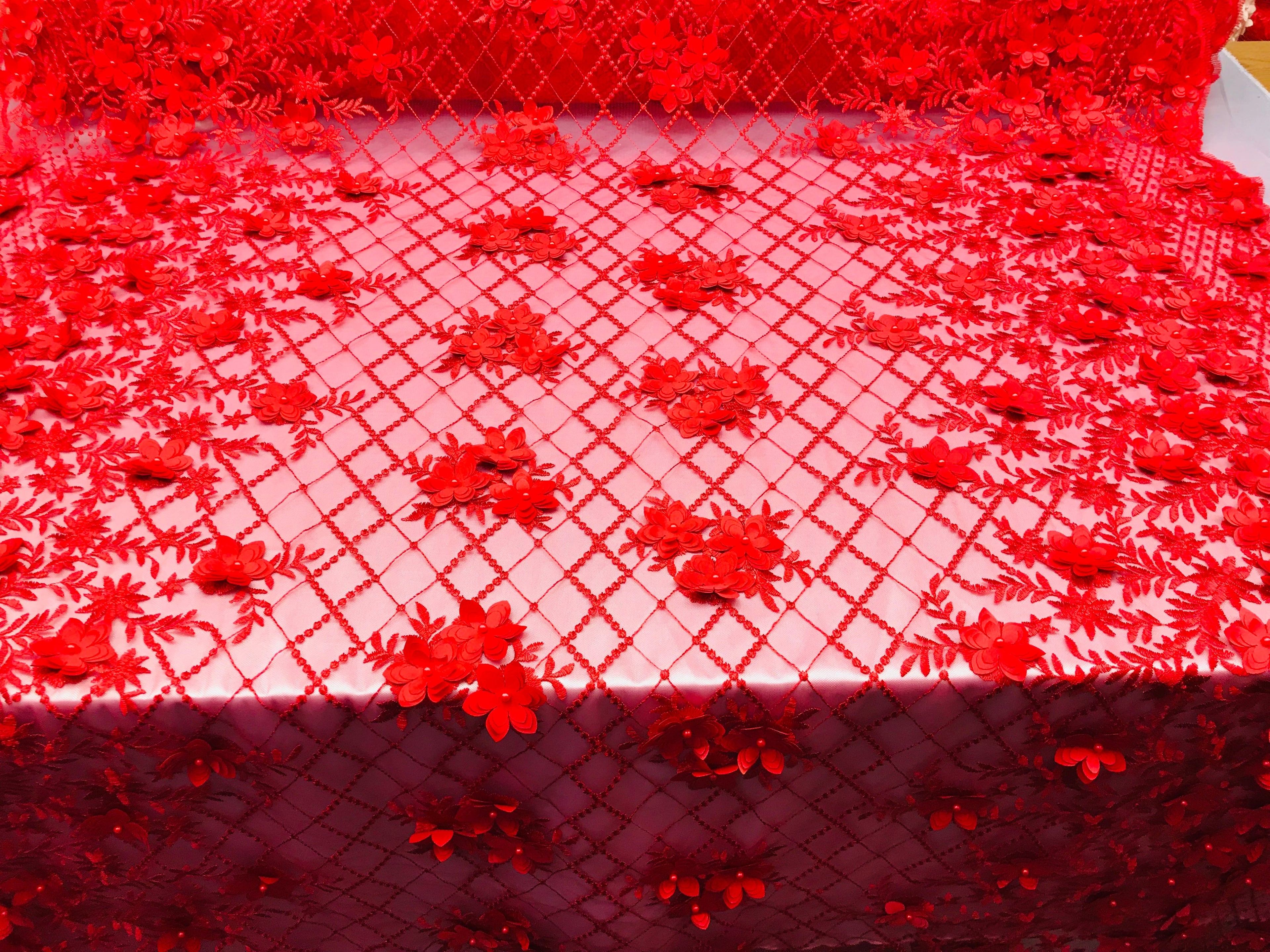 3D Floral Design - Red - Embroidered 3D Flowers on Triangle Net Mesh Sold By The Yard
