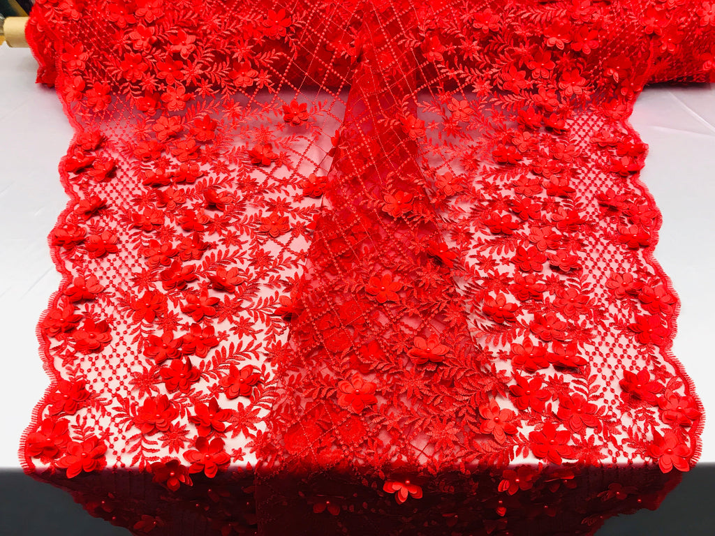 3D Floral Design - Red - Embroidered 3D Flowers on Triangle Net Mesh Sold By The Yard