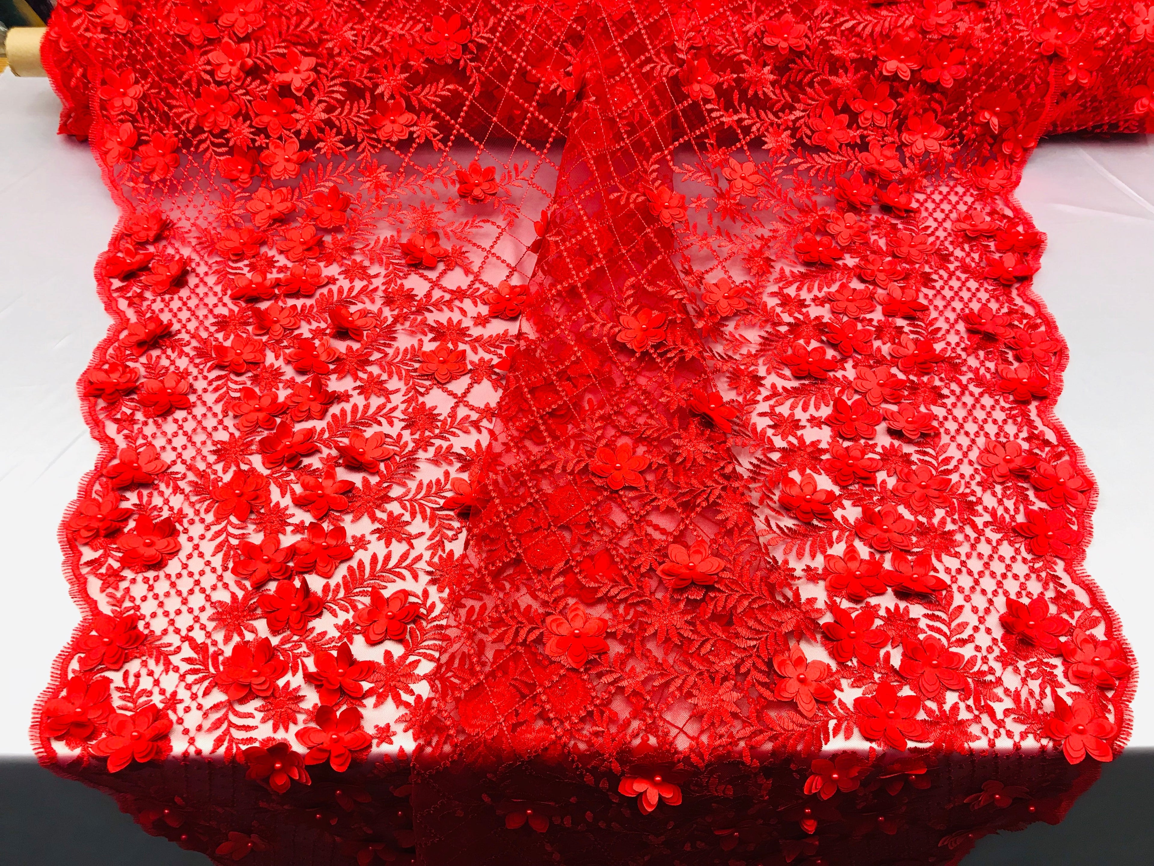 3D Floral Design - Red - Embroidered 3D Flowers on Triangle Net Mesh Sold By The Yard