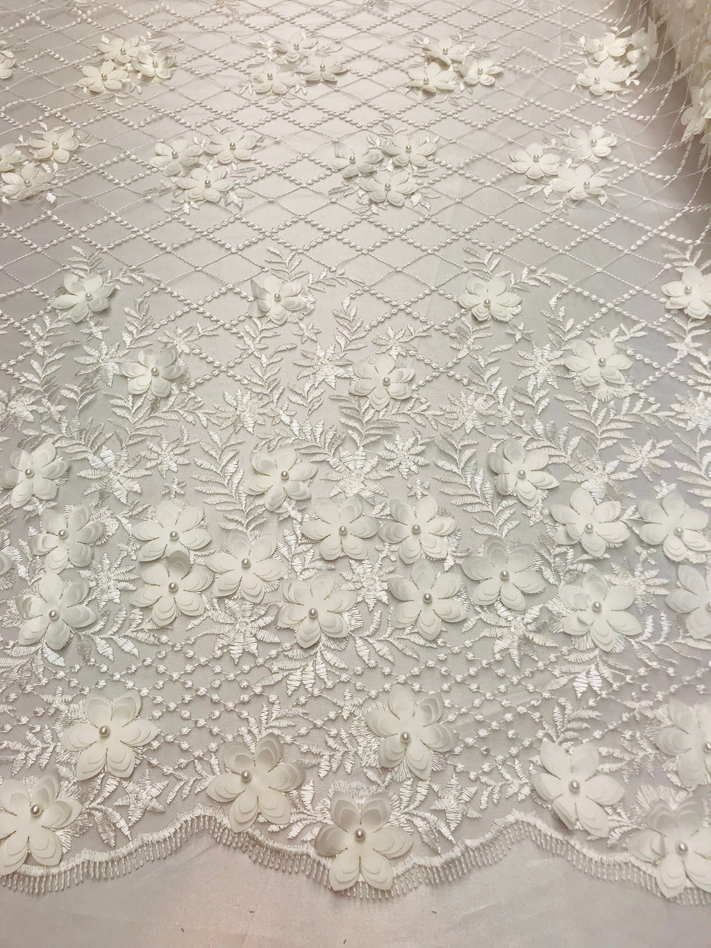 3D Floral Design - White - Embroidered 3D Flowers on Triangle Net Mesh Sold By The Yard