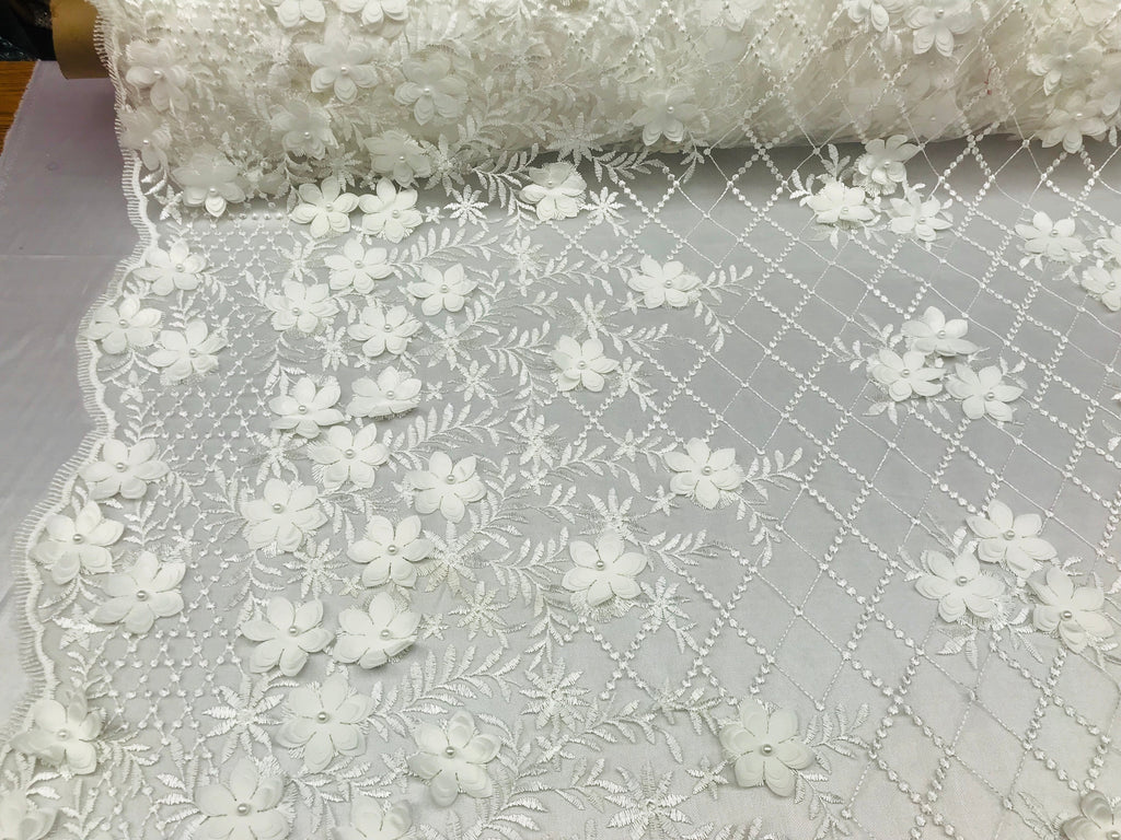 3D Floral Design - White - Embroidered 3D Flowers on Triangle Net Mesh Sold By The Yard