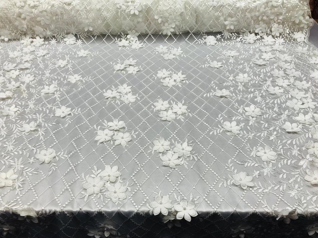 3D Floral Design - White - Embroidered 3D Flowers on Triangle Net Mesh Sold By The Yard