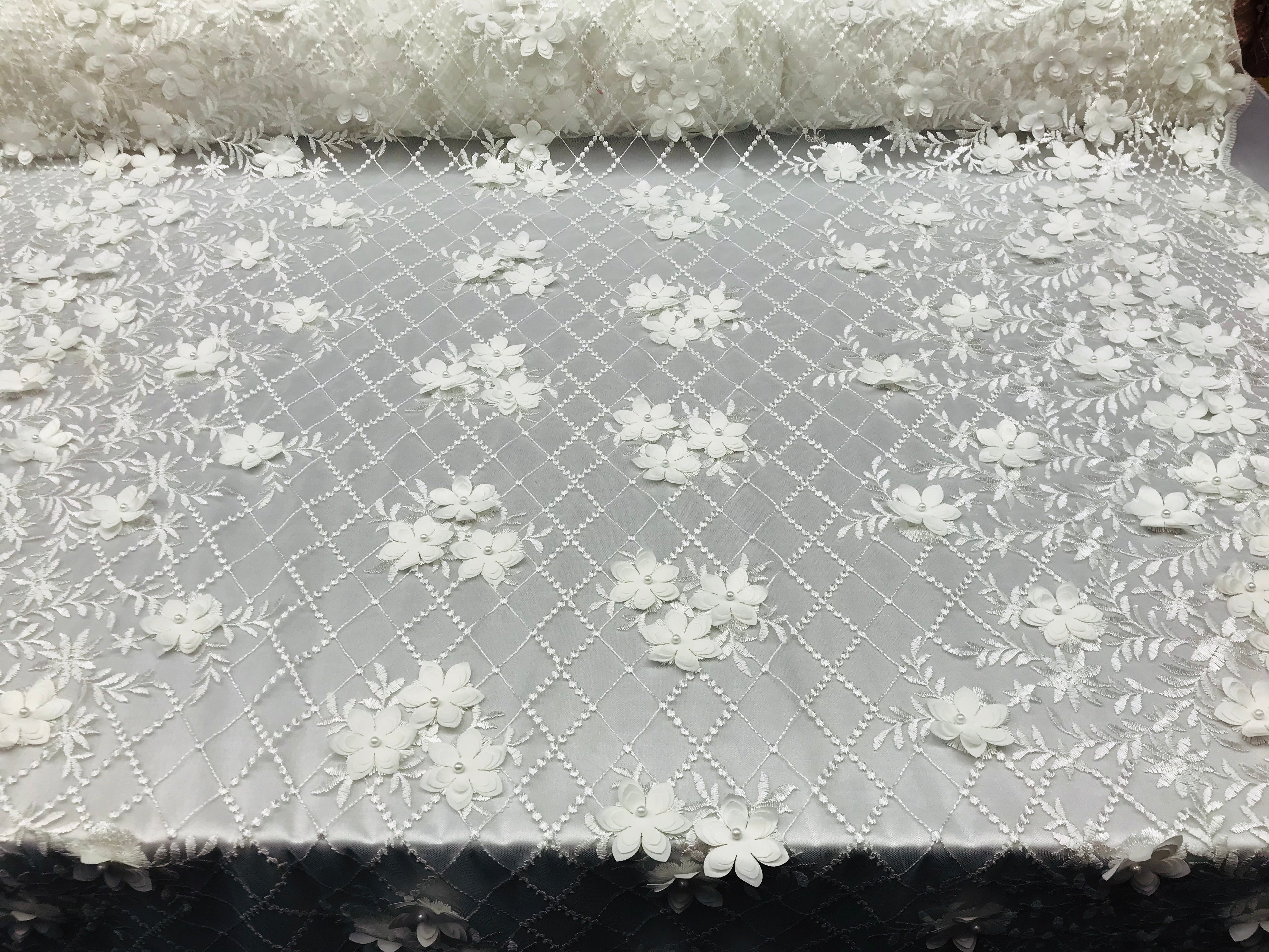 3D Floral Design - White - Embroidered 3D Flowers on Triangle Net Mesh Sold By The Yard