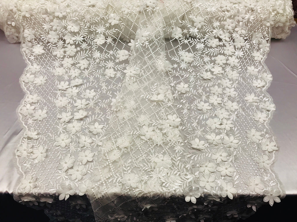 3D Floral Design - White - Embroidered 3D Flowers on Triangle Net Mesh Sold By The Yard