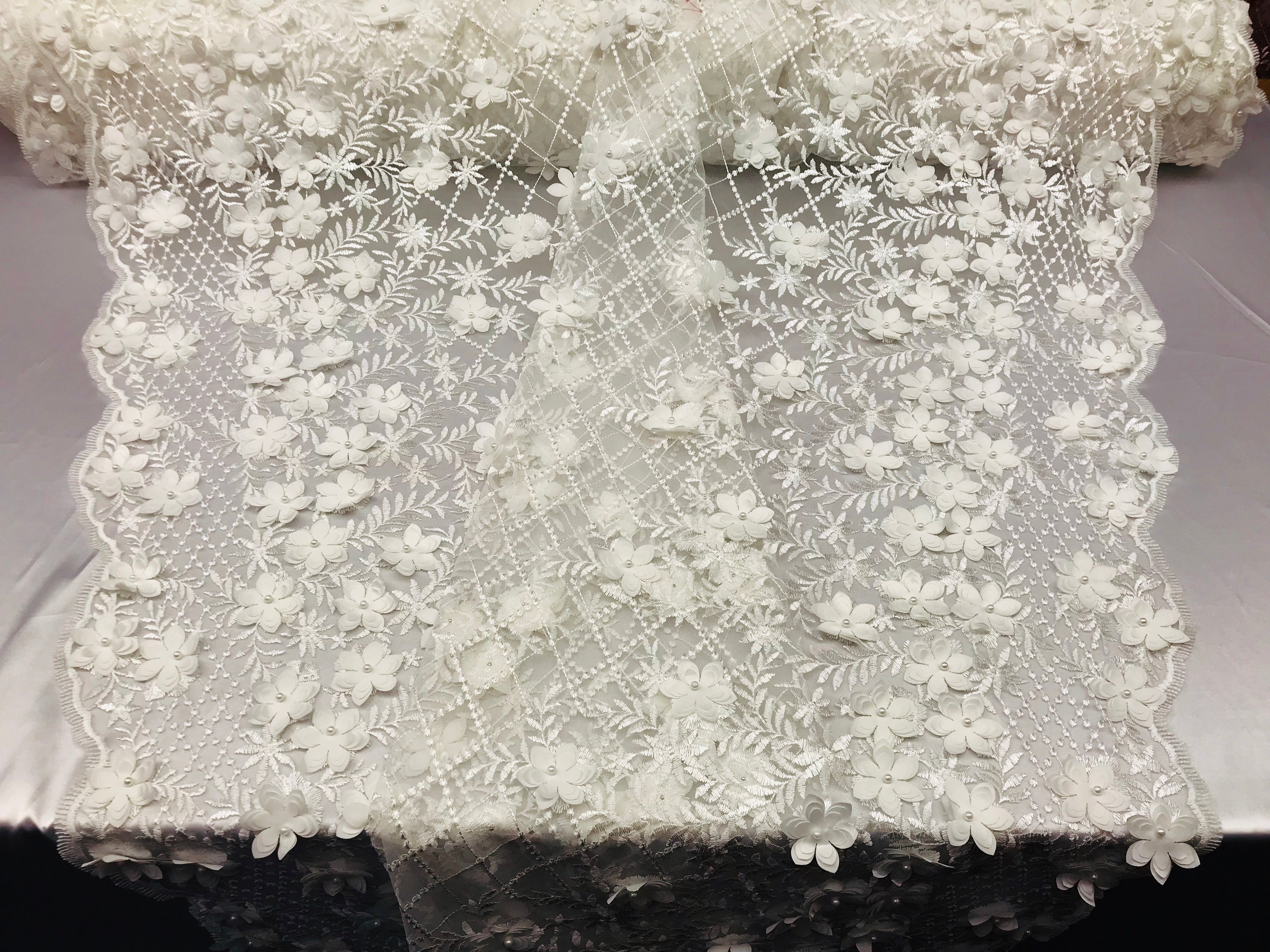 3D Floral Design - White - Embroidered 3D Flowers on Triangle Net Mesh Sold By The Yard