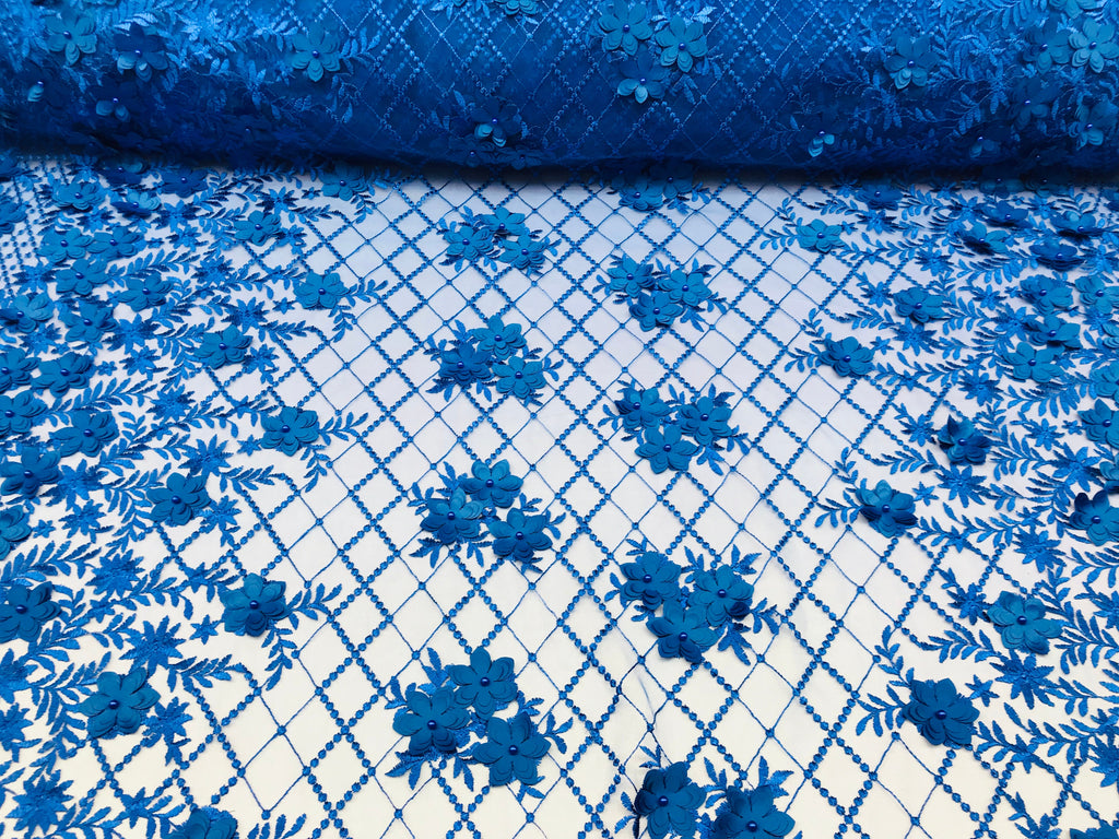 3D Floral Design - Royal Blue - Embroidered 3D Flowers on Triangle Net Mesh Sold By The Yard