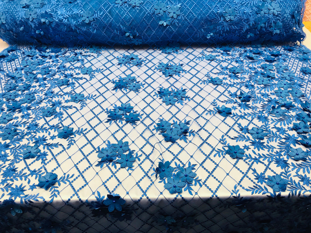 3D Floral Design - Royal Blue - Embroidered 3D Flowers on Triangle Net Mesh Sold By The Yard