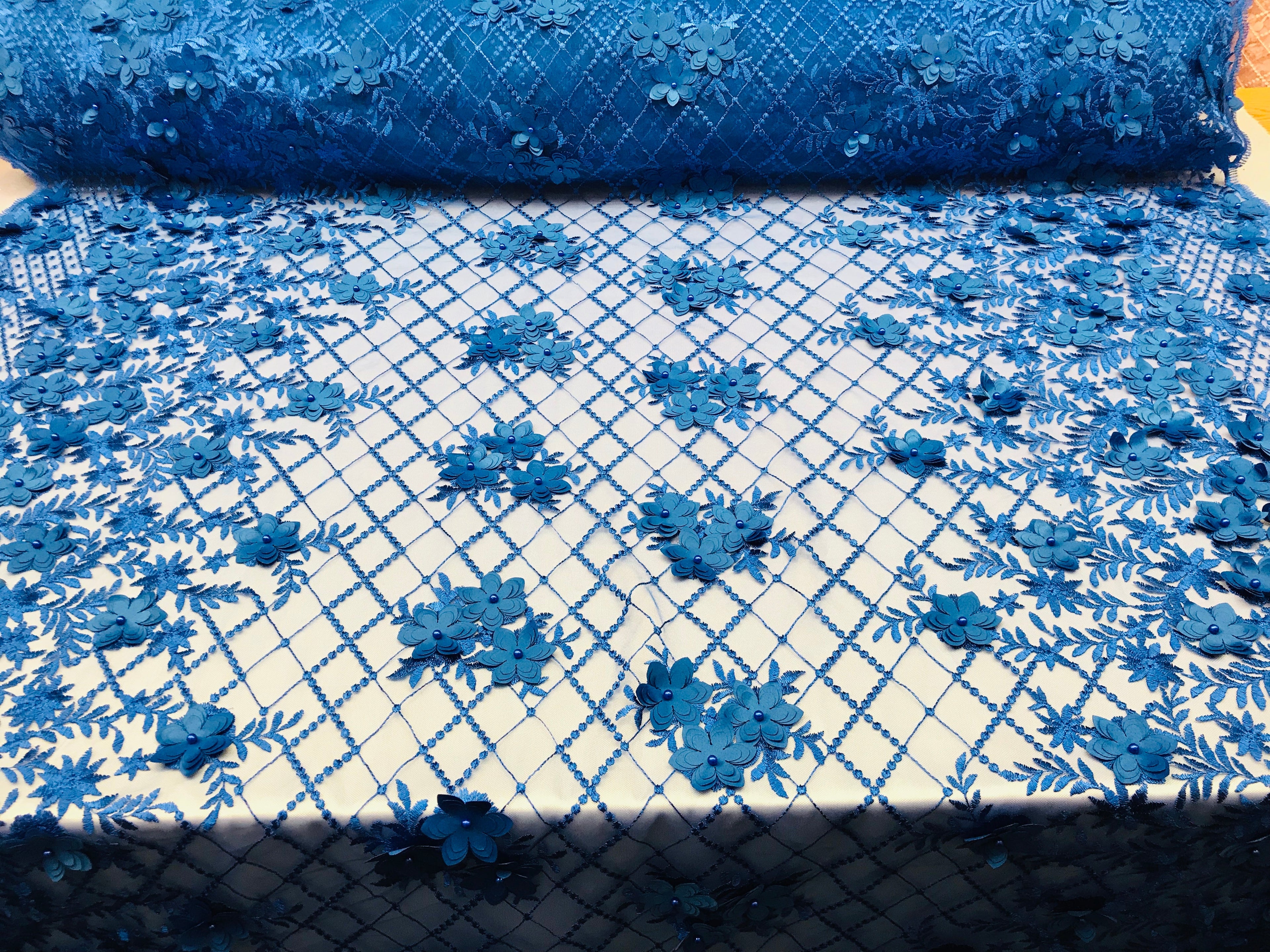 3D Floral Design - Royal Blue - Embroidered 3D Flowers on Triangle Net Mesh Sold By The Yard
