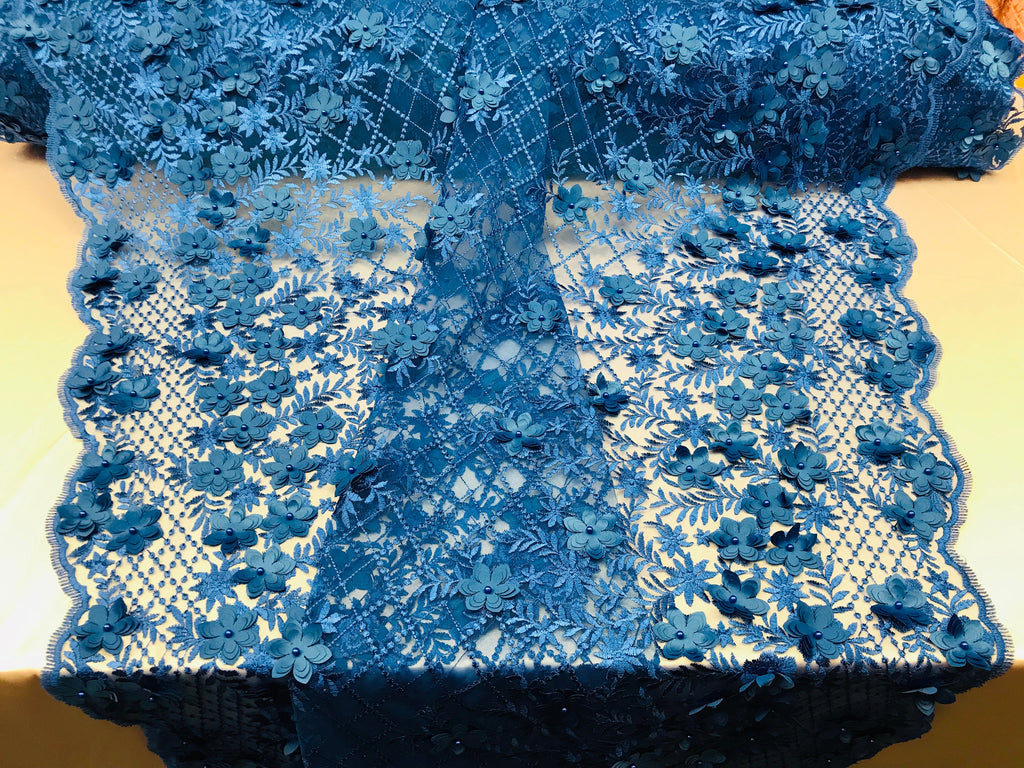3D Floral Design - Royal Blue - Embroidered 3D Flowers on Triangle Net Mesh Sold By The Yard