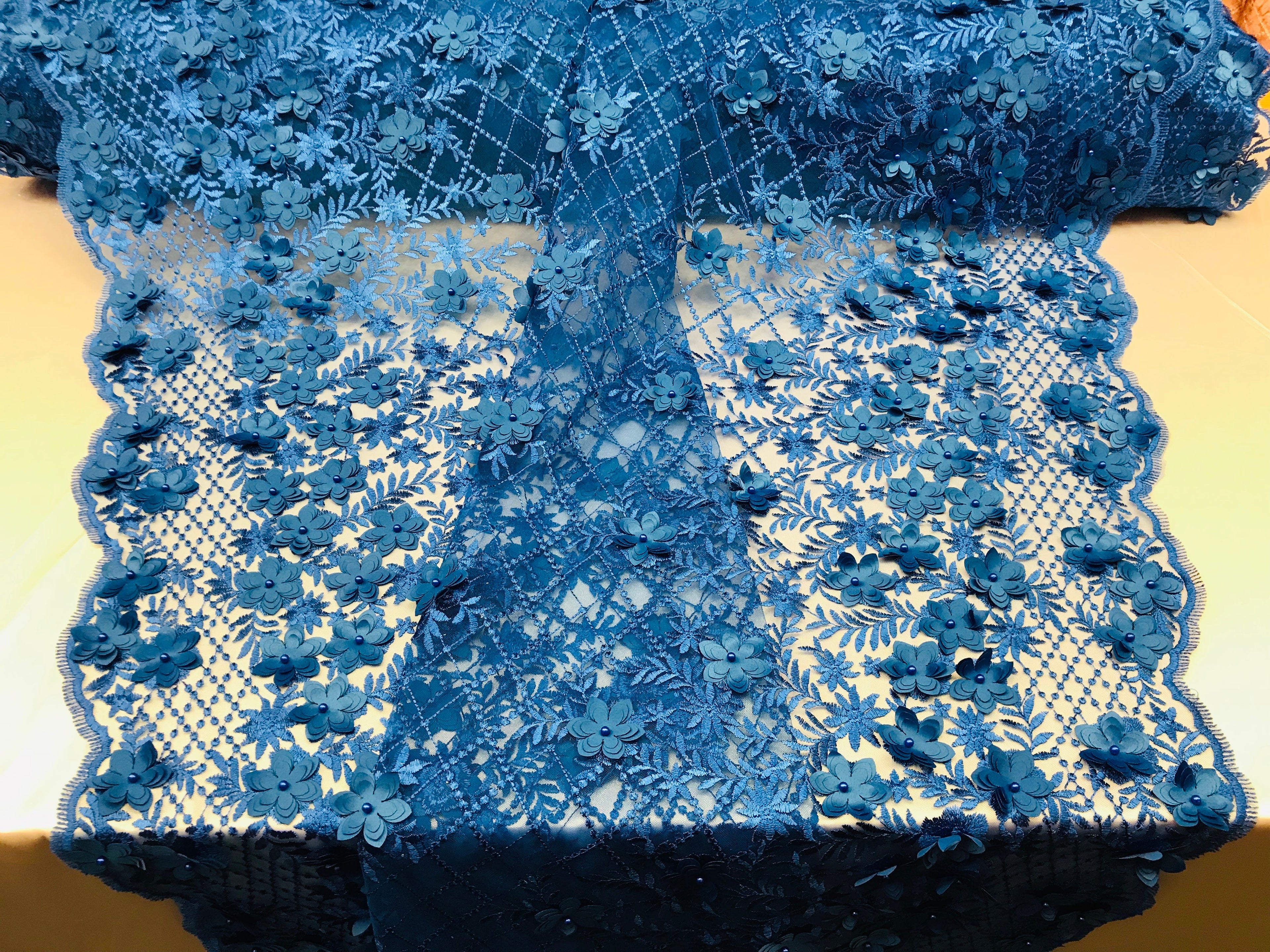 3D Floral Design - Royal Blue - Embroidered 3D Flowers on Triangle Net Mesh Sold By The Yard