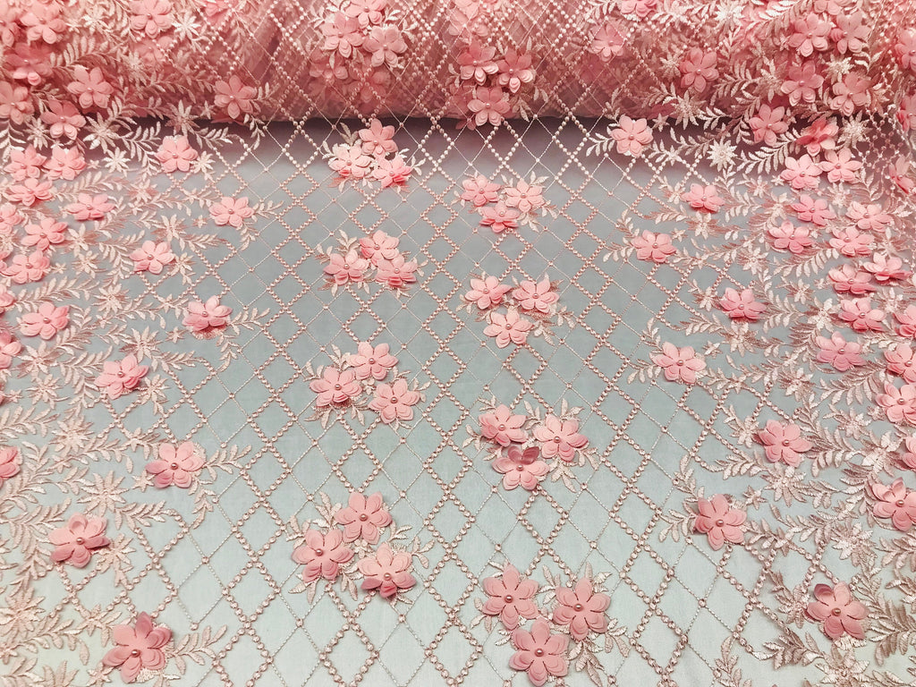 3D Floral Design - Pink - Embroidered 3D Flowers on Triangle Net Mesh Sold By The Yard