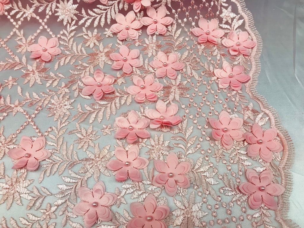 3D Floral Design - Pink - Embroidered 3D Flowers on Triangle Net Mesh Sold By The Yard