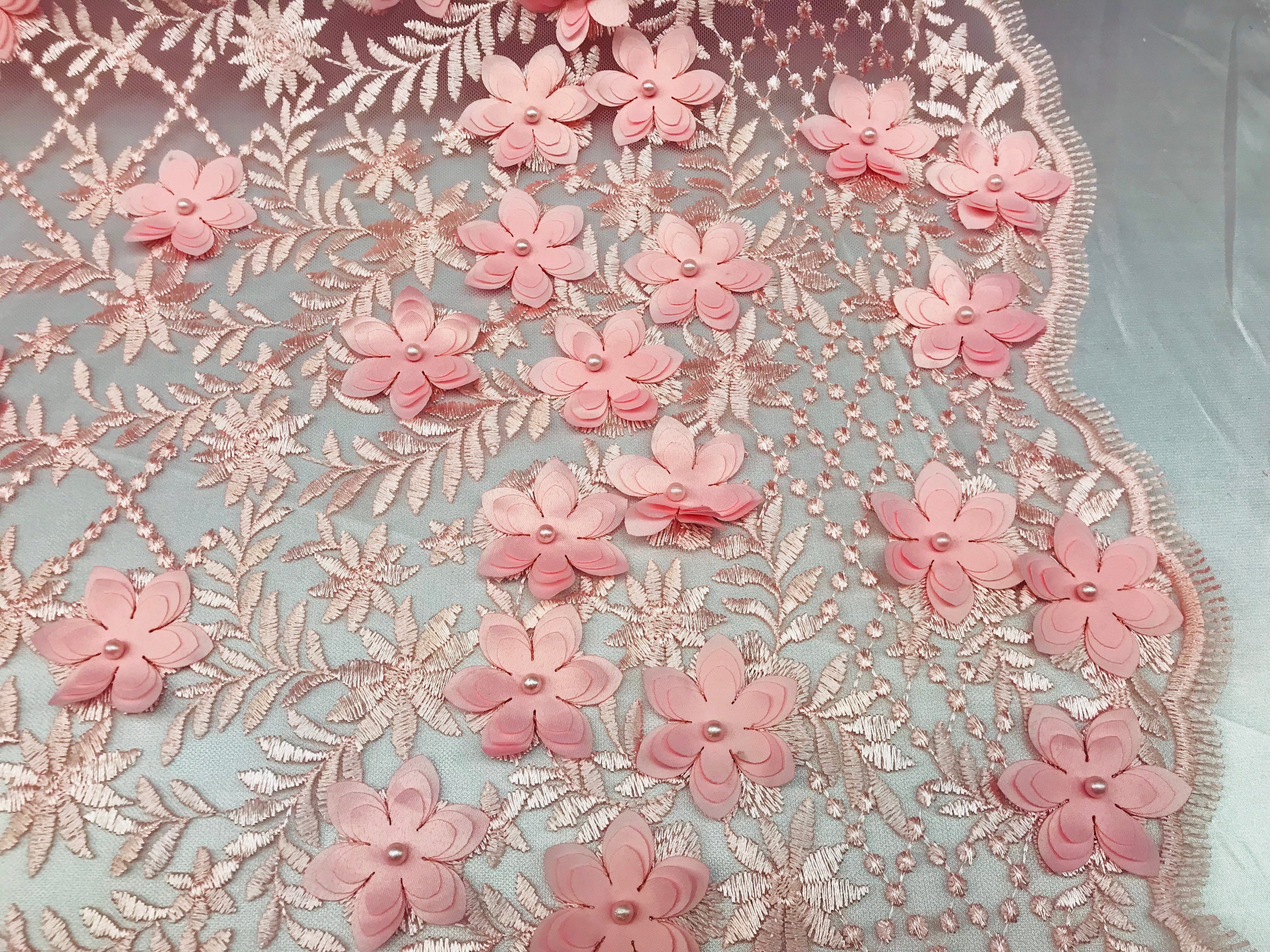 3D Floral Design - Pink - Embroidered 3D Flowers on Triangle Net Mesh Sold By The Yard