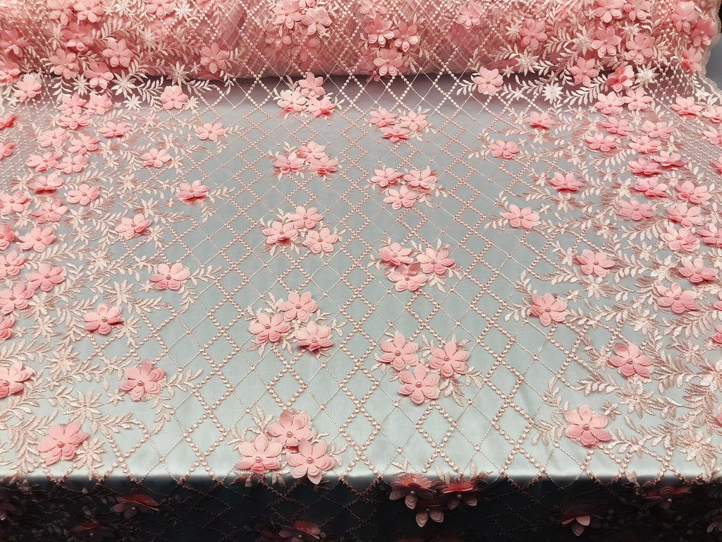 3D Floral Design - Pink - Embroidered 3D Flowers on Triangle Net Mesh Sold By The Yard
