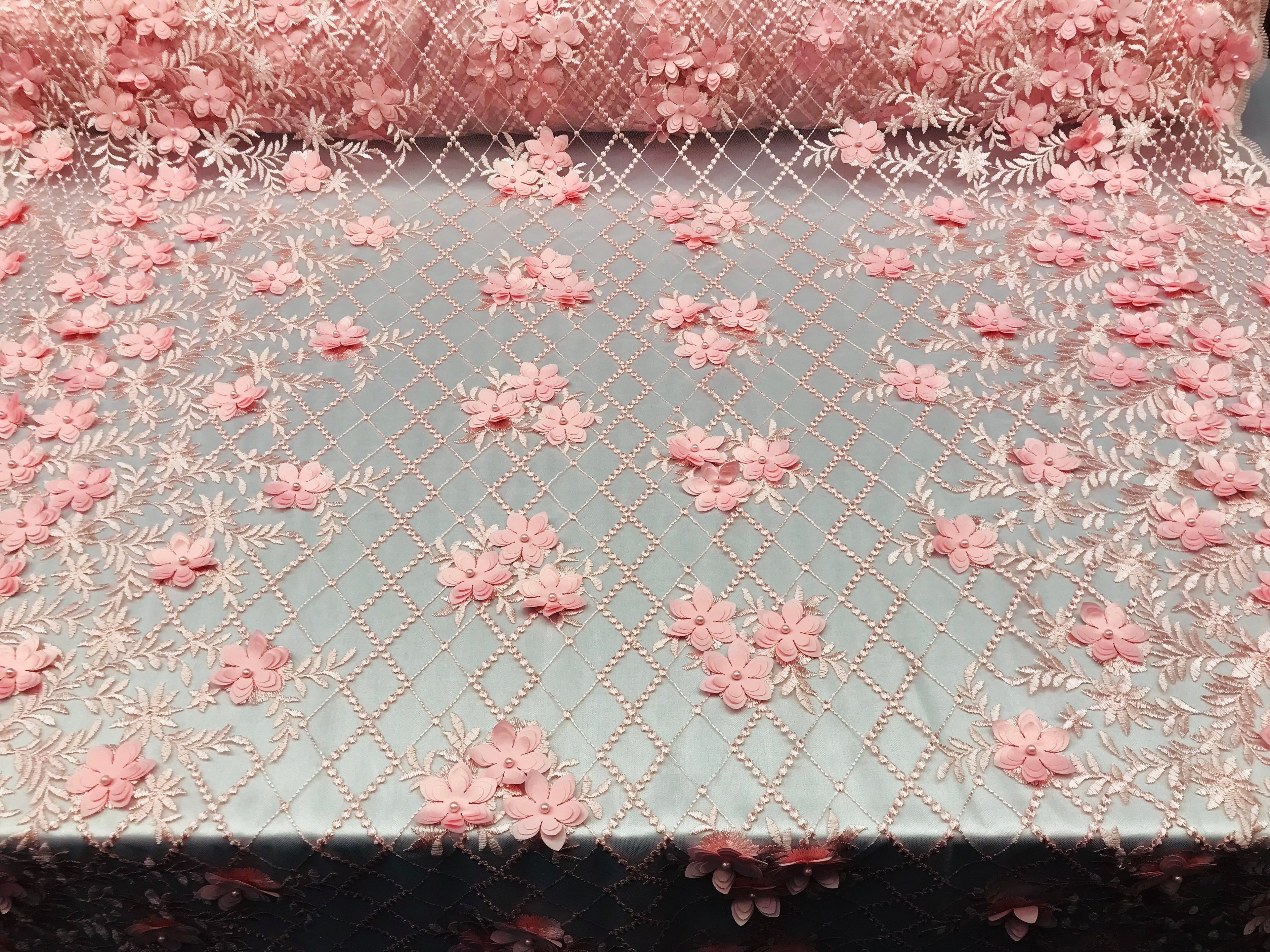 3D Floral Design - Pink - Embroidered 3D Flowers on Triangle Net Mesh Sold By The Yard