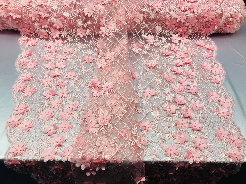 3D Floral Design - Pink - Embroidered 3D Flowers on Triangle Net Mesh Sold By The Yard
