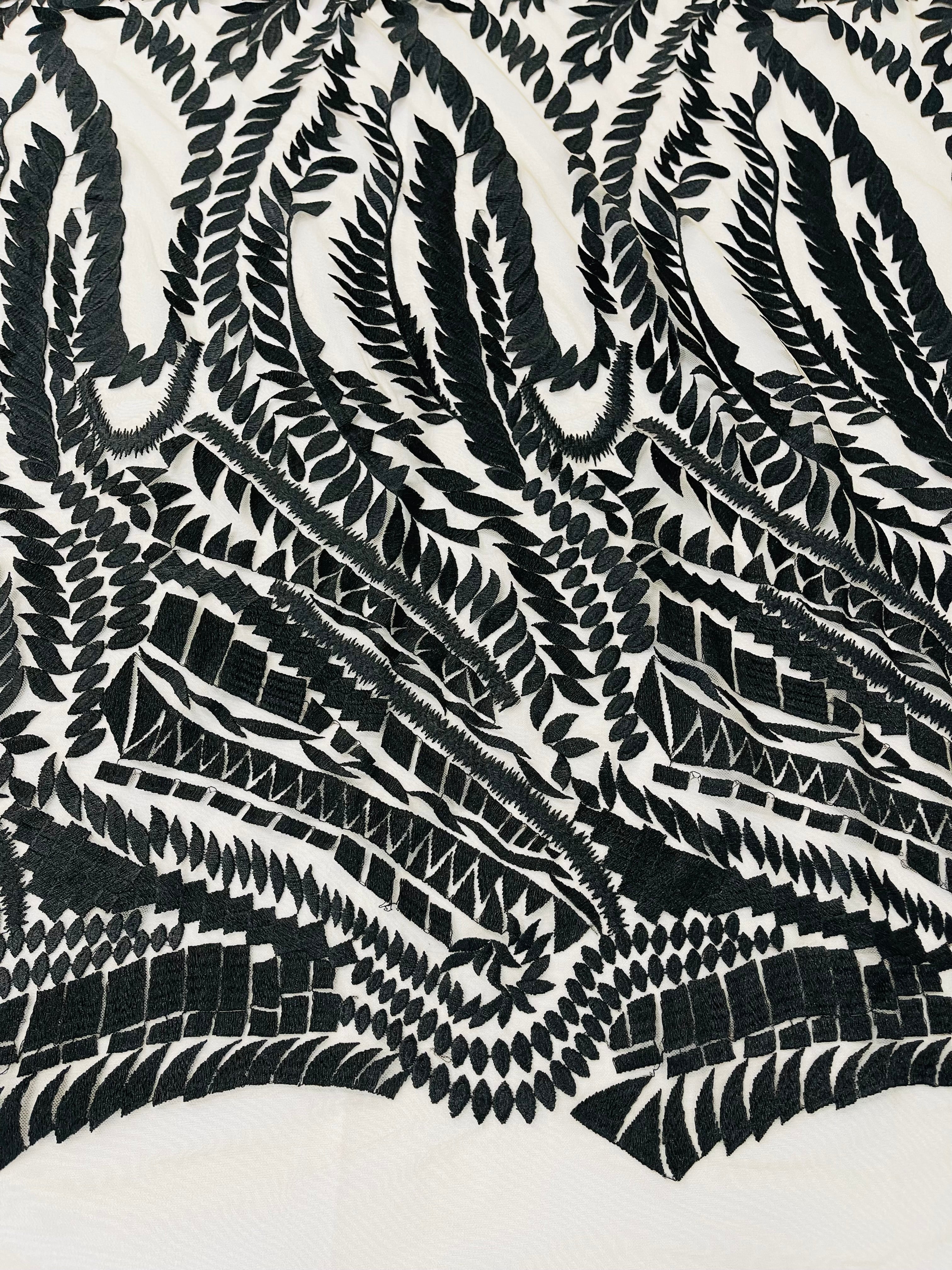 Leaf Pattern Fancy Lace Fabric - Black - Embroidered Design on Lace Mesh By Yard
