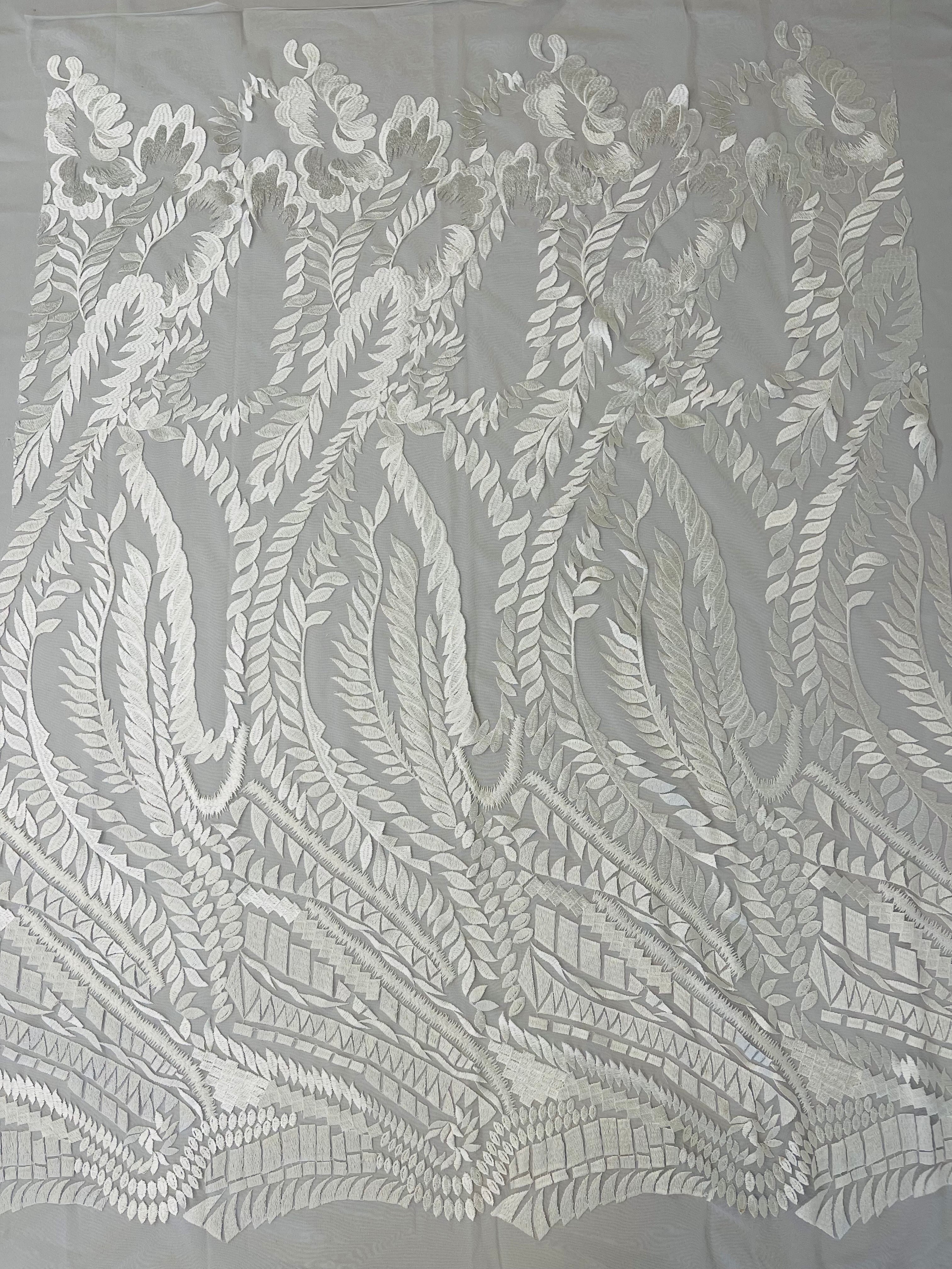 Leaf Pattern Fancy Lace Fabric - White - Embroidered Design on Lace Mesh By Yard