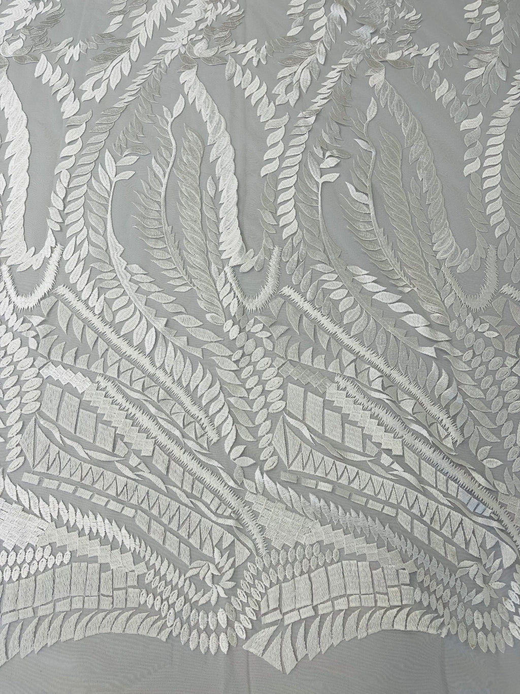 Leaf Pattern Fancy Lace Fabric - White - Embroidered Design on Lace Mesh By Yard