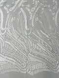 Leaf Pattern Fancy Lace Fabric - White - Embroidered Design on Lace Mesh By Yard