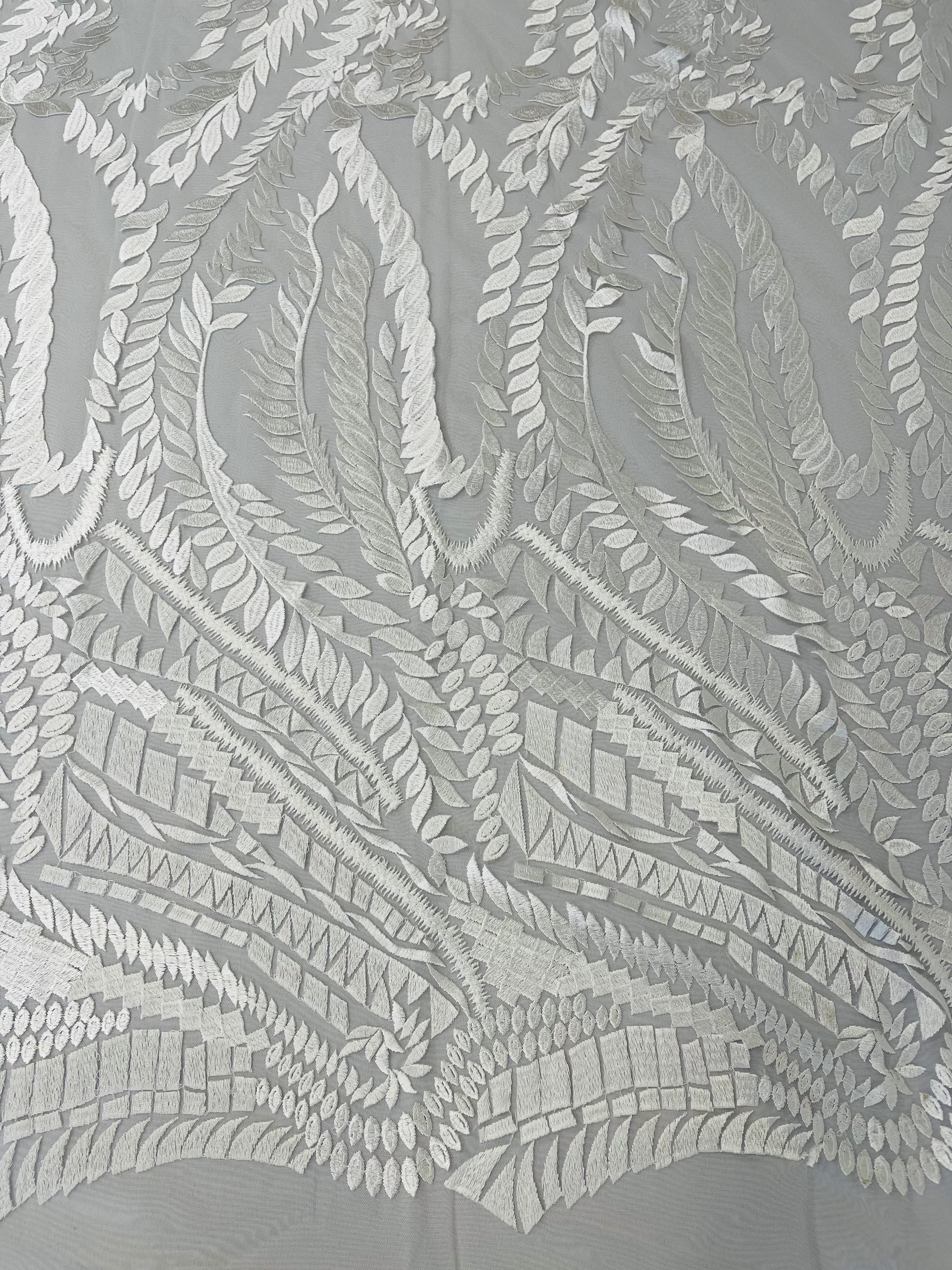 Leaf Pattern Fancy Lace Fabric - White - Embroidered Design on Lace Mesh By Yard