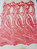 Leaf Pattern Fancy Lace Fabric - Coral - Embroidered Design on Lace Mesh By Yard