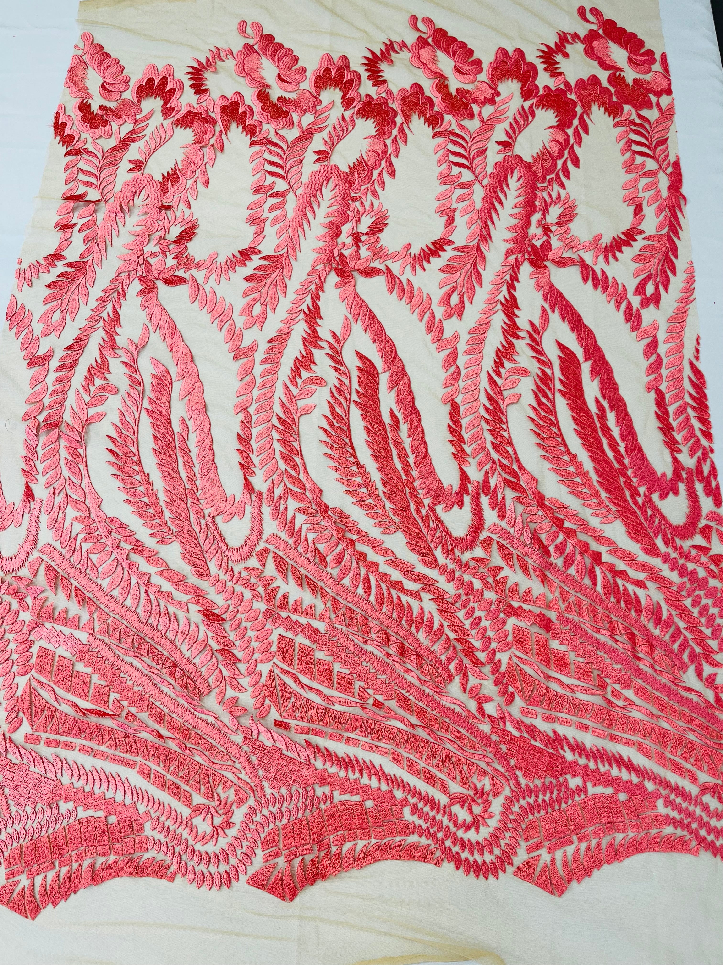 Leaf Pattern Fancy Lace Fabric - Coral - Embroidered Design on Lace Mesh By Yard