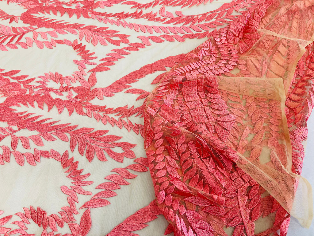 Leaf Pattern Fancy Lace Fabric - Coral - Embroidered Design on Lace Mesh By Yard