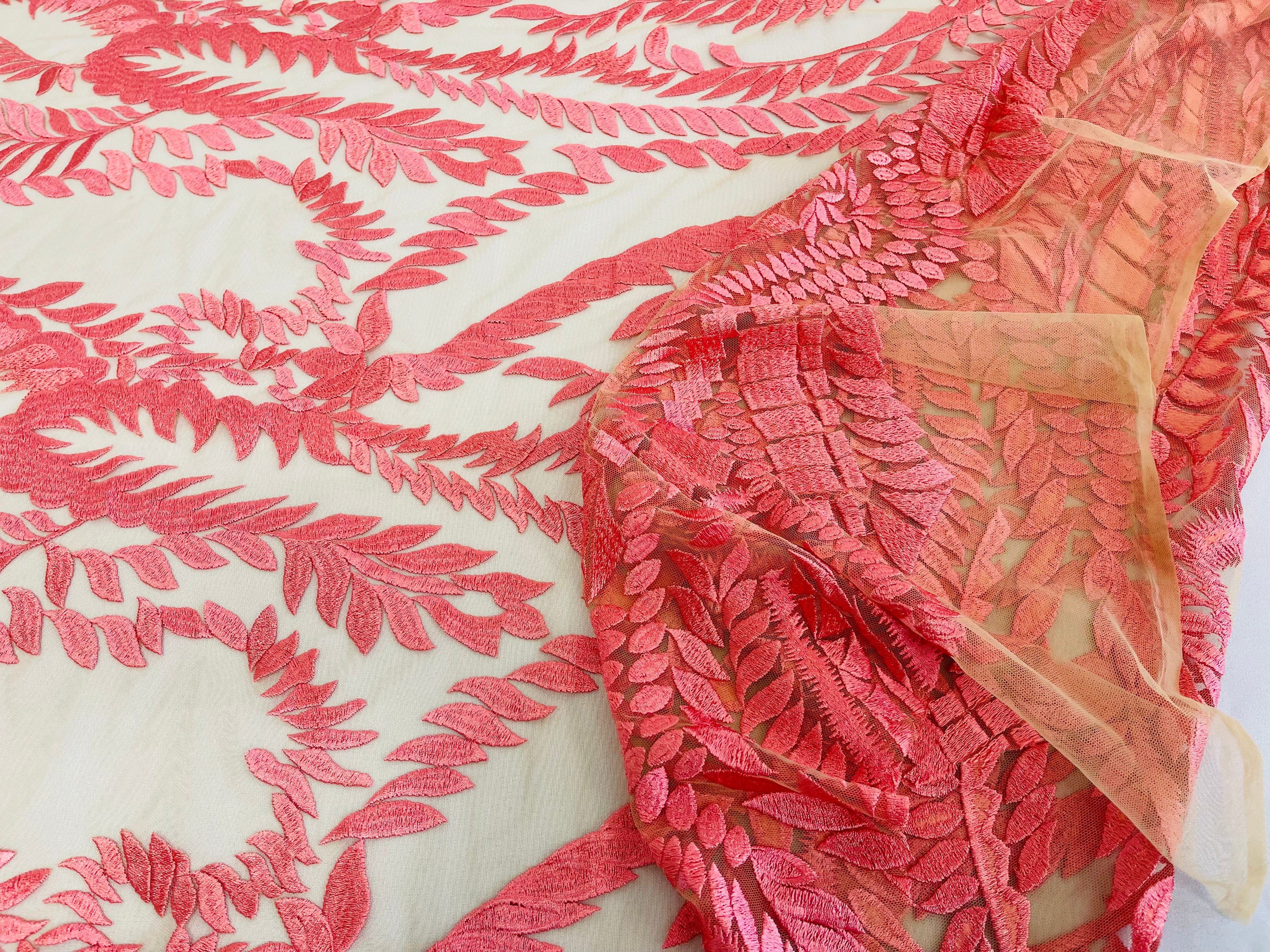 Leaf Pattern Fancy Lace Fabric - Coral - Embroidered Design on Lace Mesh By Yard