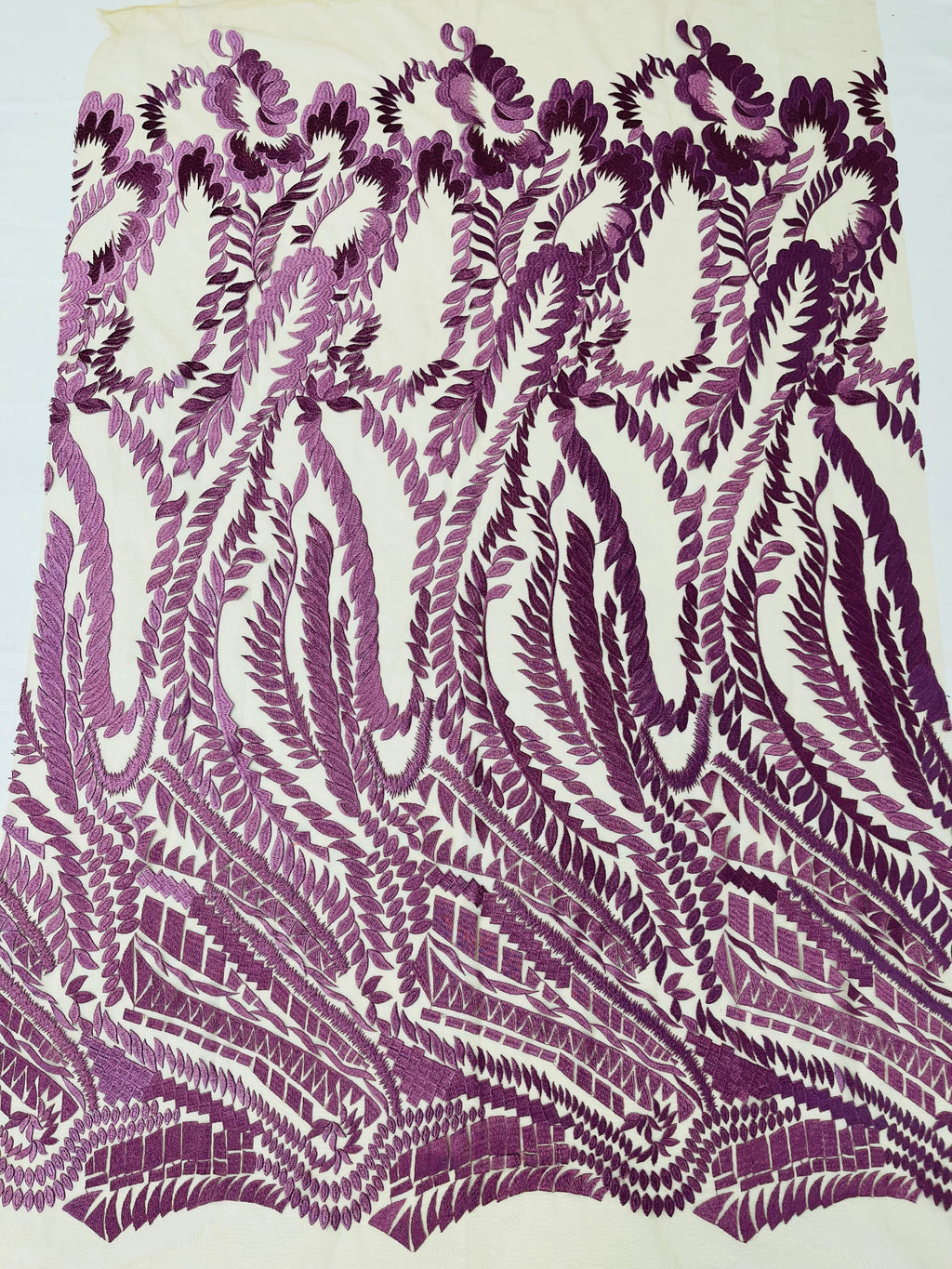 Leaf Pattern Fancy Lace Fabric - Purple - Embroidered Design on Lace Mesh By Yard