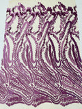 Leaf Pattern Fancy Lace Fabric - Purple - Embroidered Design on Lace Mesh By Yard