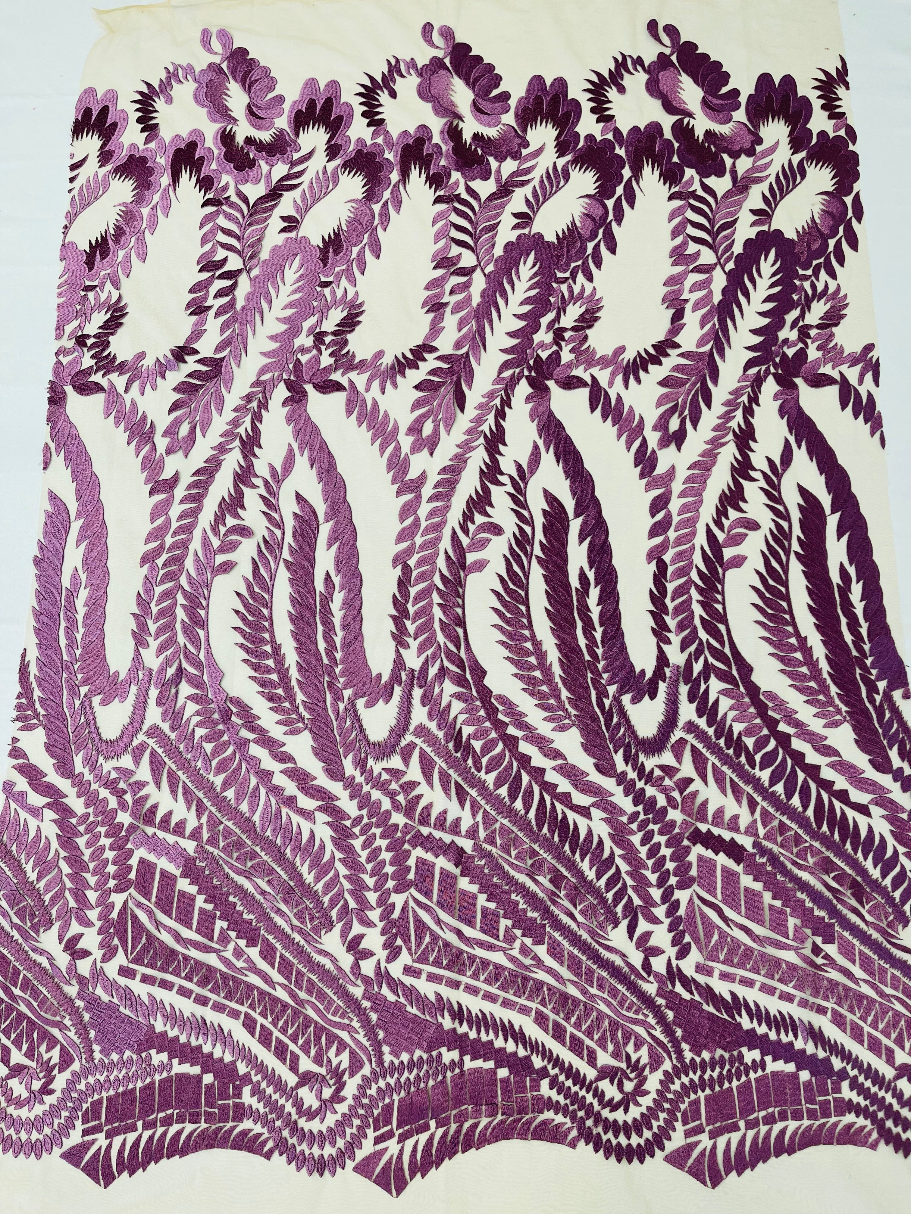 Leaf Pattern Fancy Lace Fabric - Purple - Embroidered Design on Lace Mesh By Yard