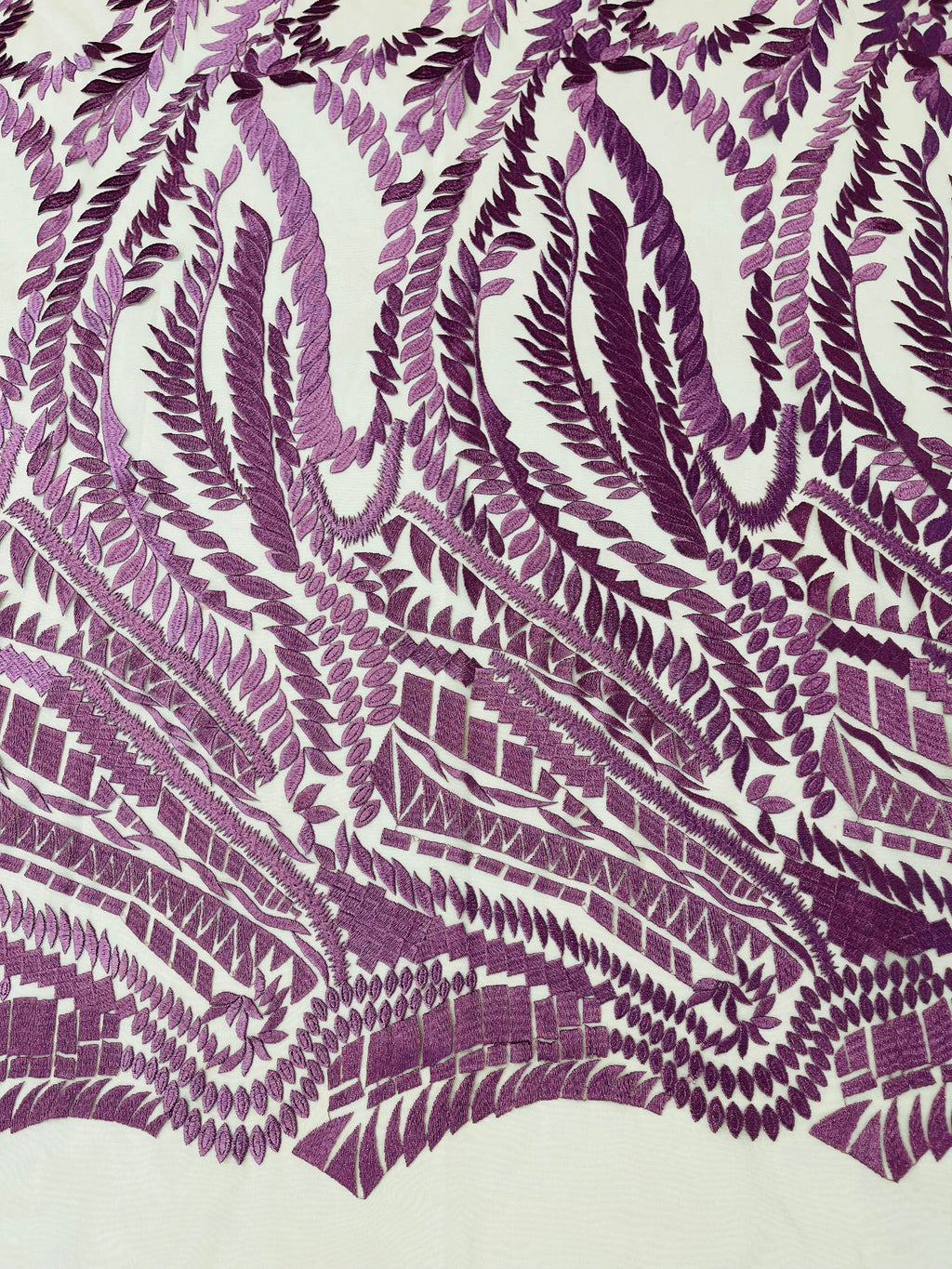 Leaf Pattern Fancy Lace Fabric - Purple - Embroidered Design on Lace Mesh By Yard