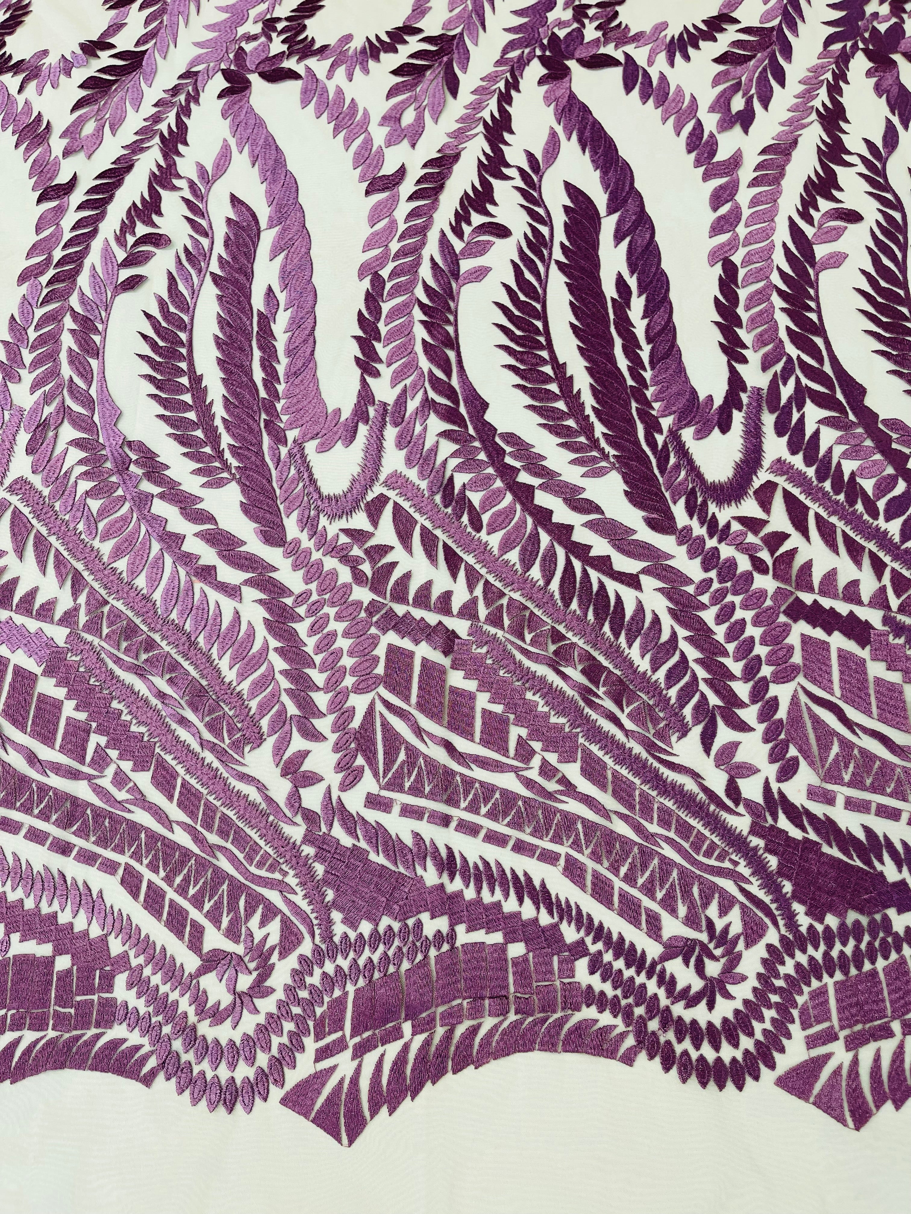 Leaf Pattern Fancy Lace Fabric - Purple - Embroidered Design on Lace Mesh By Yard