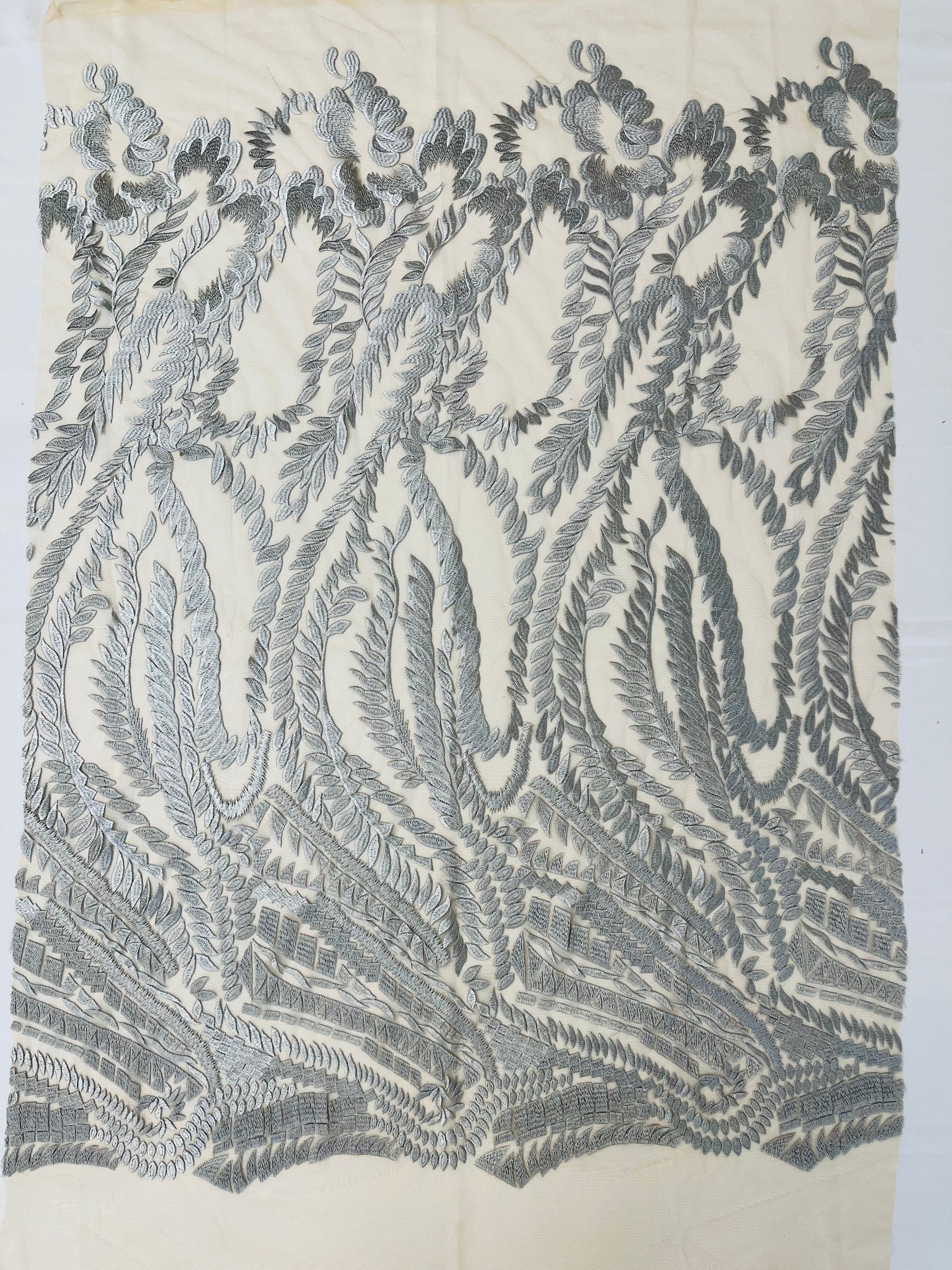 Leaf Pattern Fancy Lace Fabric - Silver - Embroidered Design on Lace Mesh By Yard