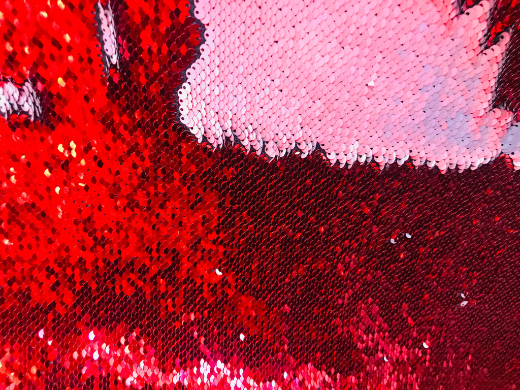 Flip Up Sequins Reversible - Red / Matte Silver Two Tone Mermaid Sequins Spandex Fabric By The Yard