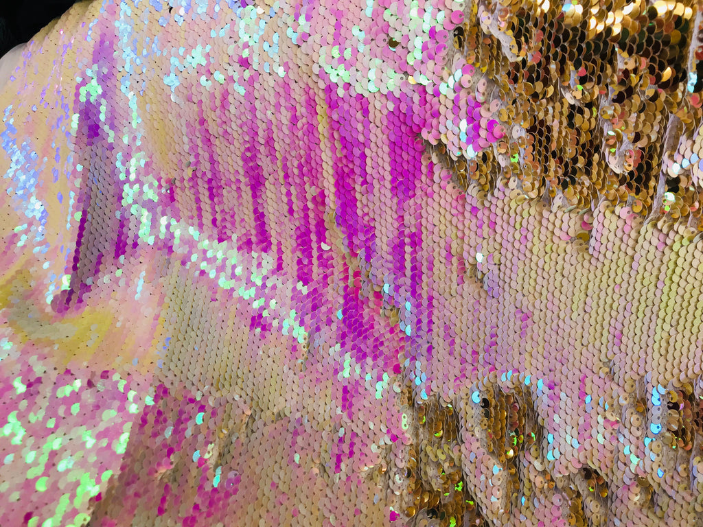 Flip Up Sequins Reversible - Hologram Pink / Gold Two Tone Mermaid Sequins Spandex Fabric By Yard