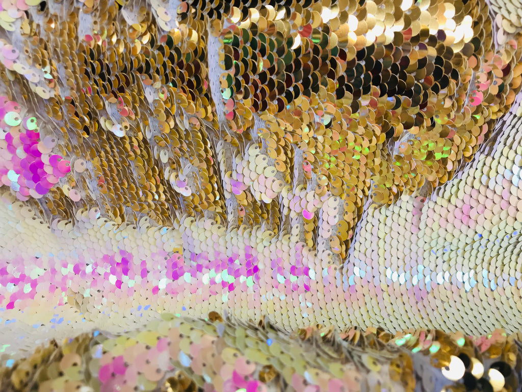 Flip Up Sequins Reversible - Hologram Pink / Gold Two Tone Mermaid Sequins Spandex Fabric By Yard