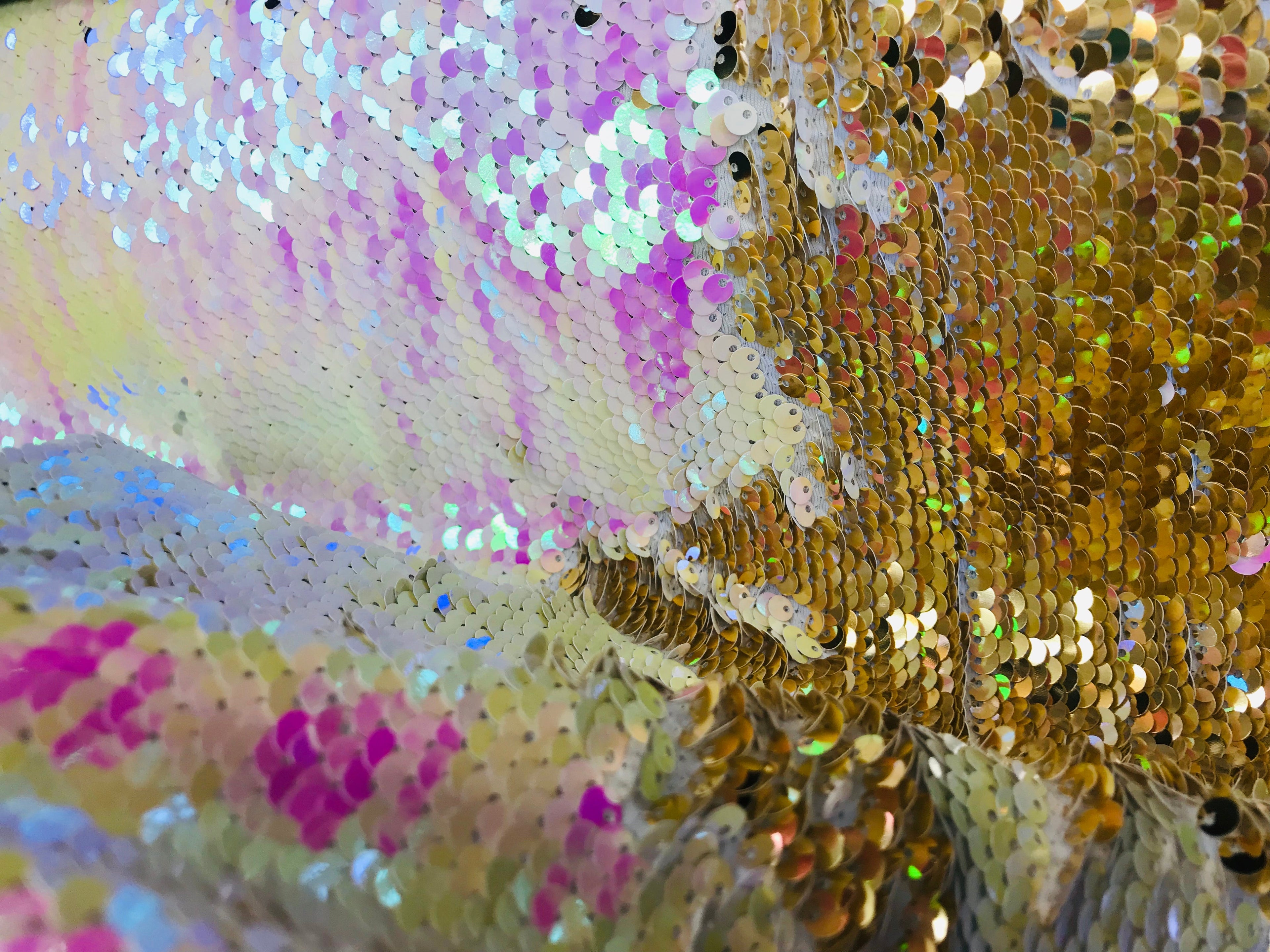 Flip Up Sequins Reversible - Hologram Pink / Gold Two Tone Mermaid Sequins Spandex Fabric By Yard