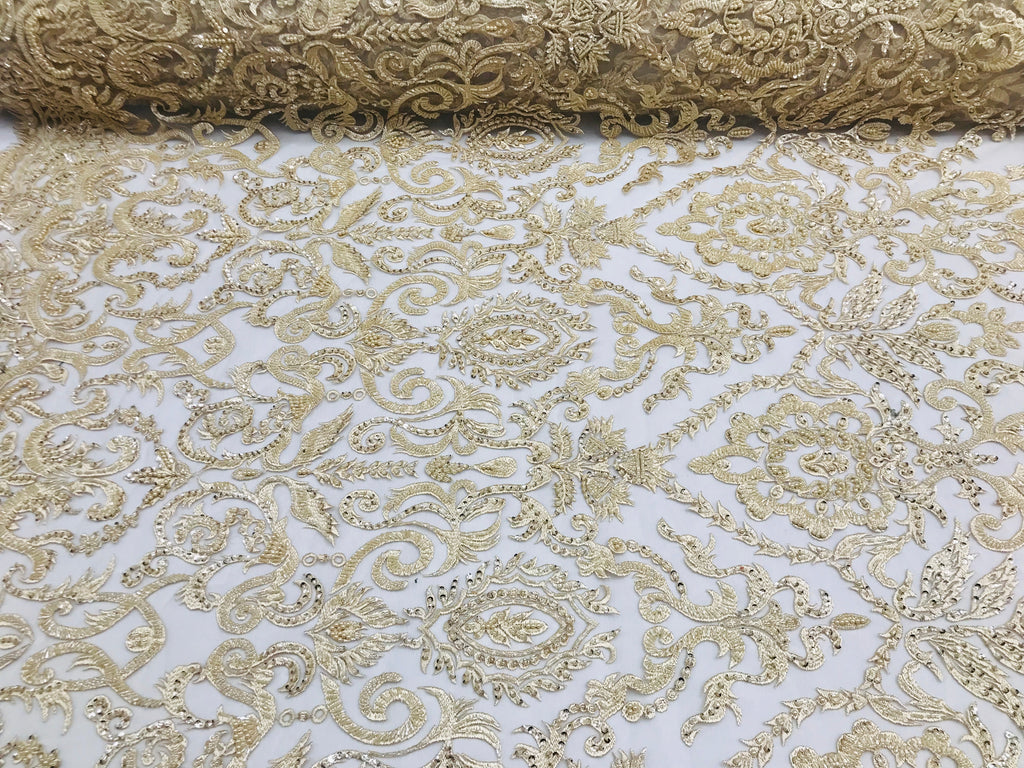 Champagne Beaded Fabric 3D Damask Design Embroidered 3D Pattern Design Fabric on Mesh By The Yard