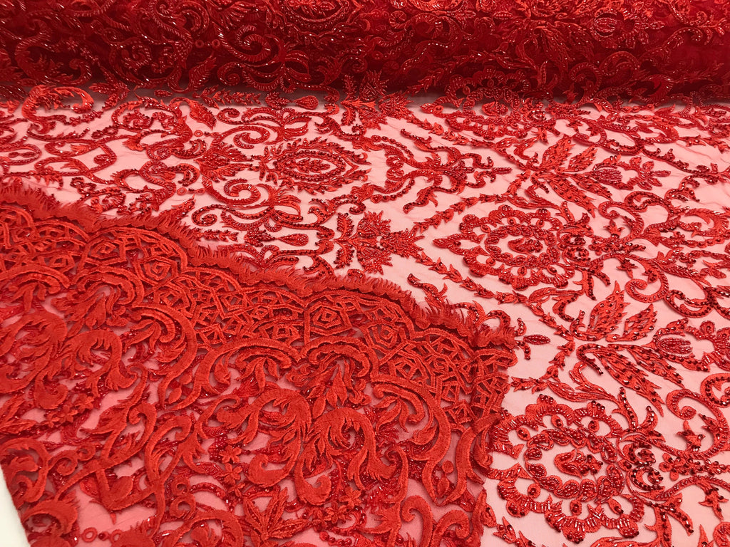 Red Beaded Fabric 3D Damask Design Embroidered 3D Pattern Design Fabric on Mesh Sold By The Yard