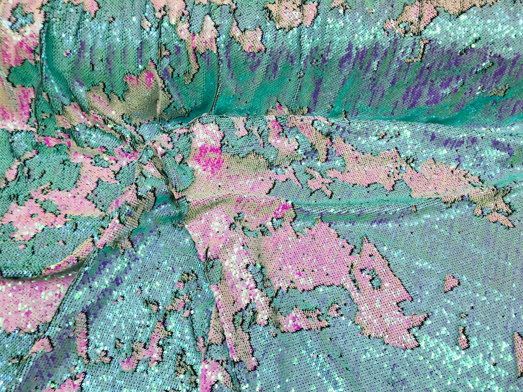 Two Tone Reversible - Iridescent Pink / Aqua - 2 Way Stretch Shiny Sequins Fabric By The Yard